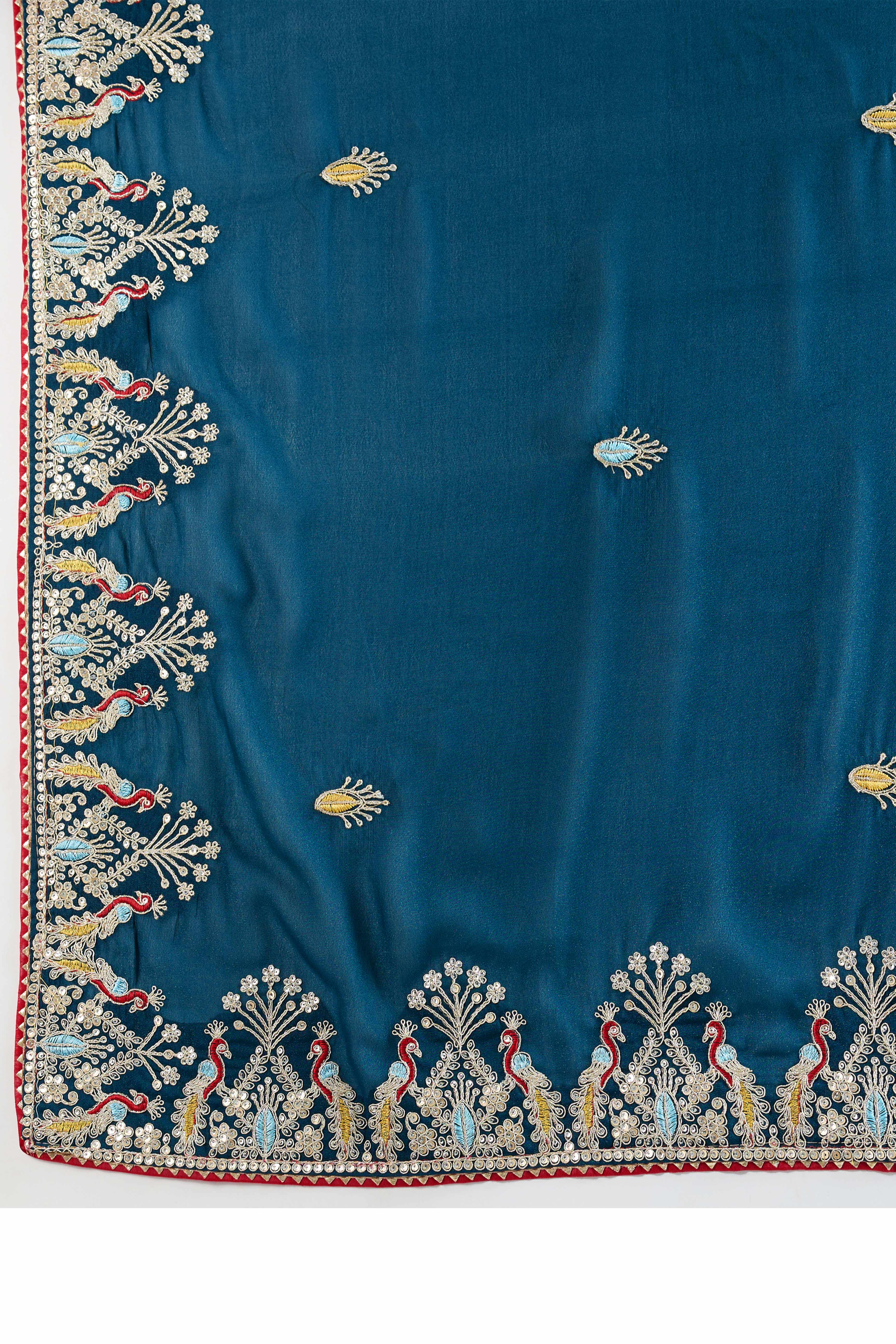 Teal Embroidered Saree with Ethnic Detailing in Georgette Fabric