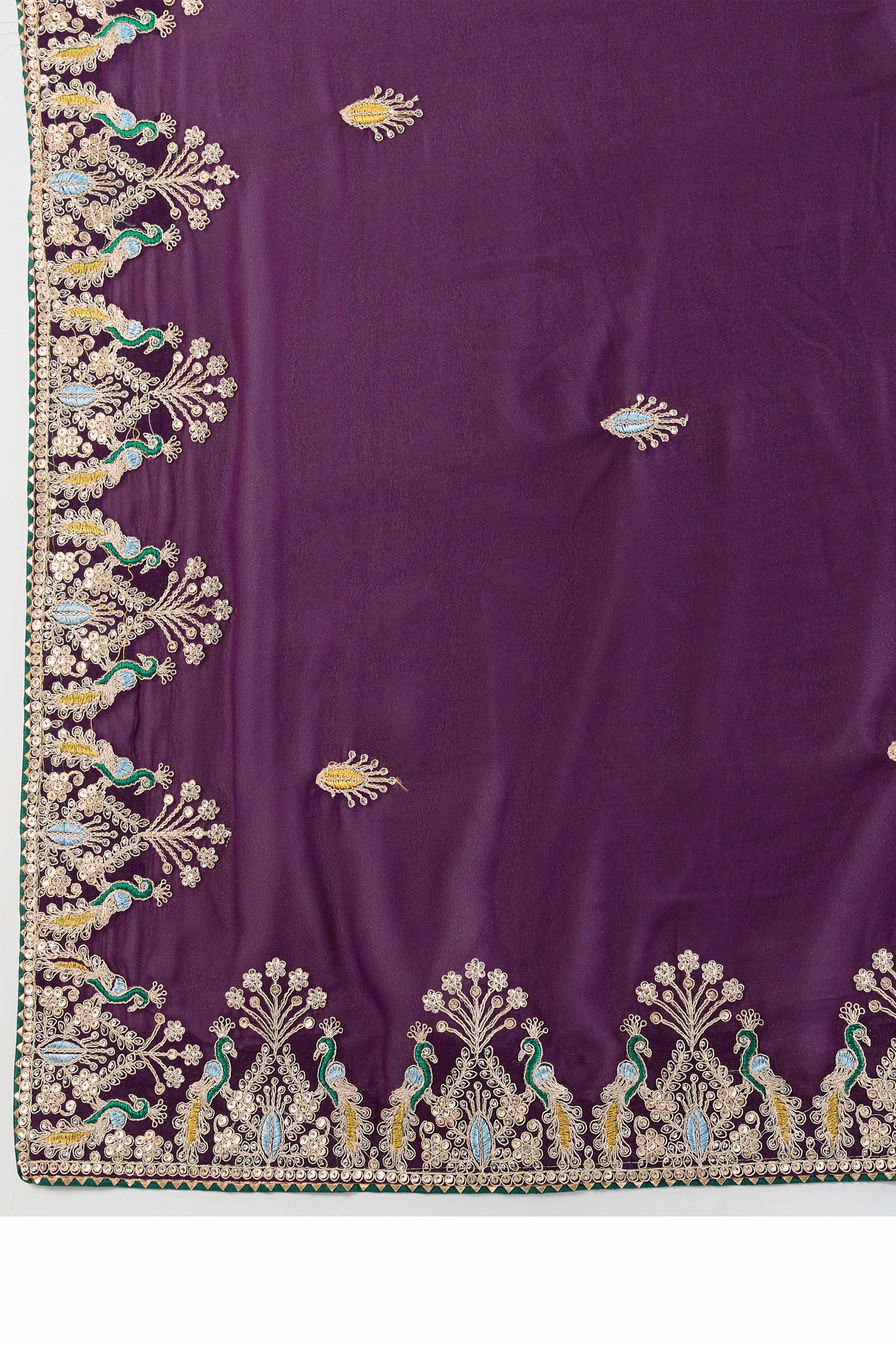 Purple Embroidered Saree with Ethnic Detailing in Georgette Fabric