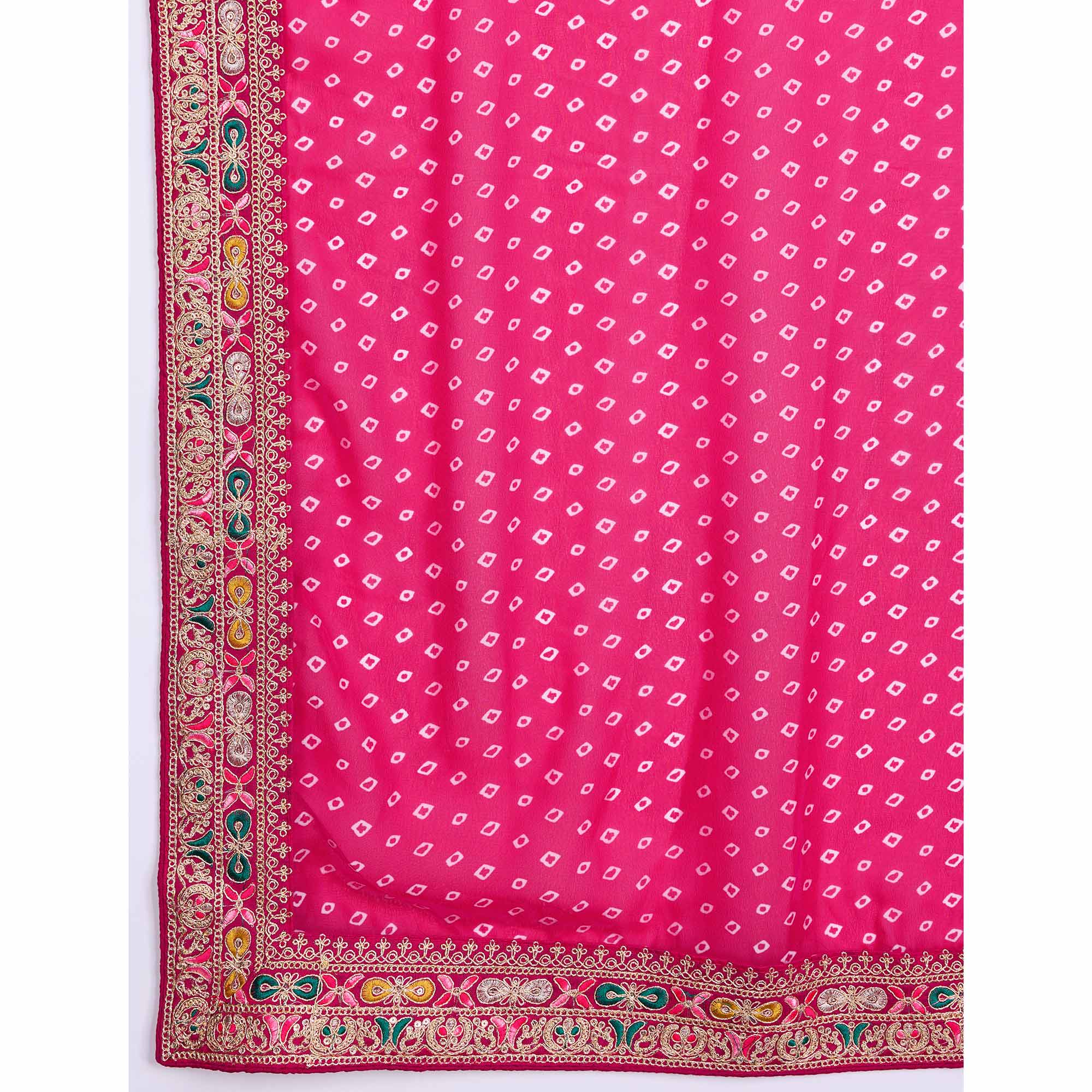 Rani Pink Bandhani Printed Georgette Saree With Embroidered Lace Border