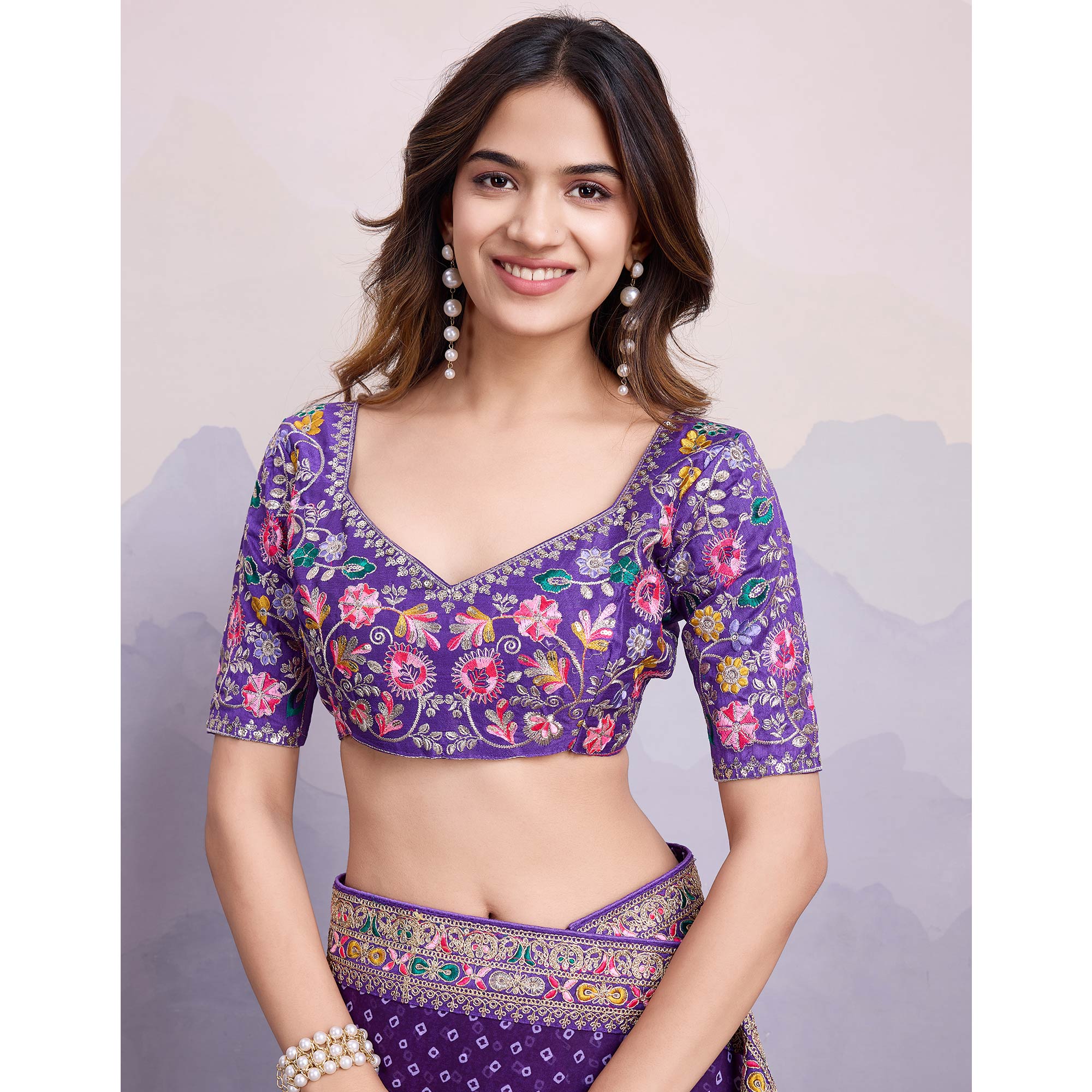 Purple Bandhani Printed Georgette Saree With Embroidered Lace Border