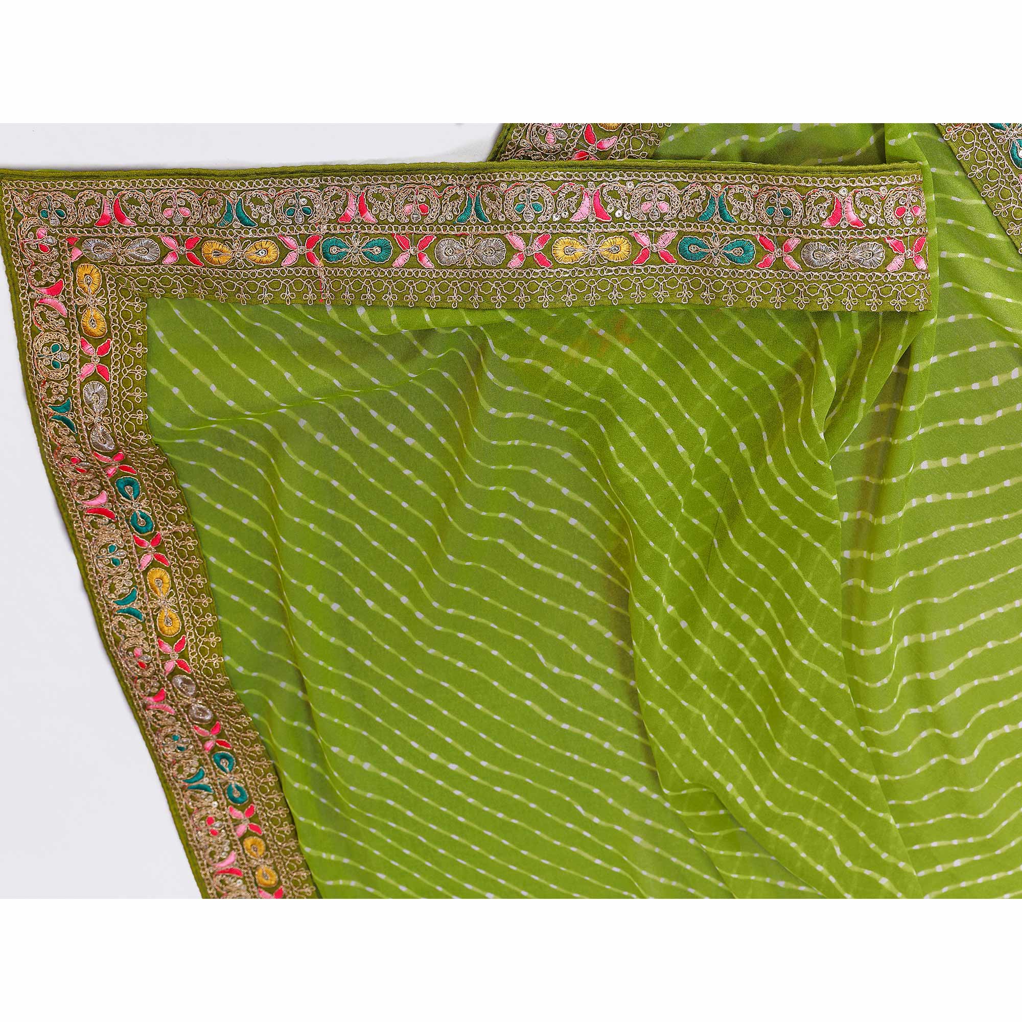 Green Striped Printed Georgette Saree With Glittering Sequin Cording Embroidered Border