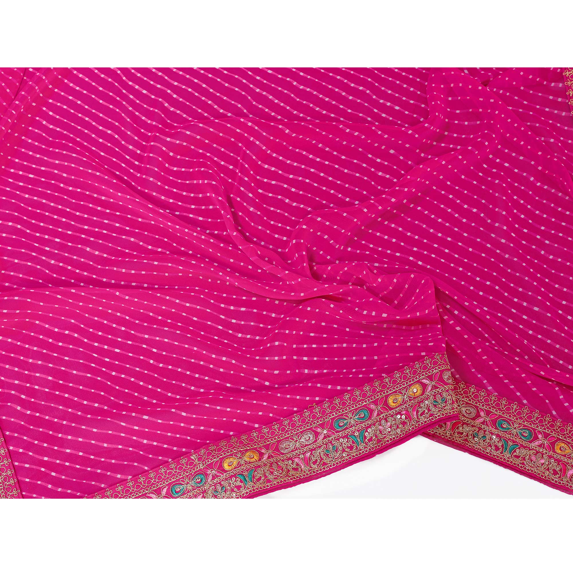 Pink Striped Printed Georgette Saree With Glittering Sequin Cording Embroidered Border