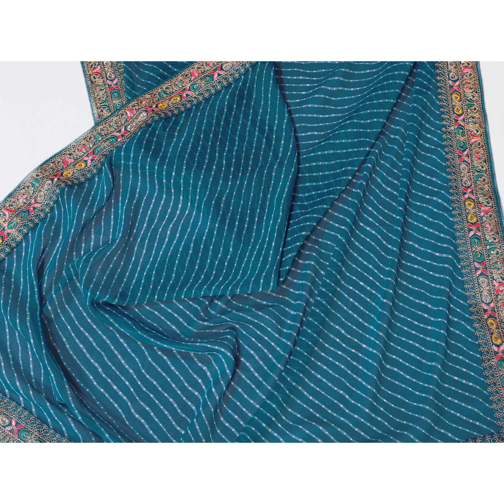 Blue Striped Printed Georgette Saree With Glittering Sequin Cording Embroidered Border