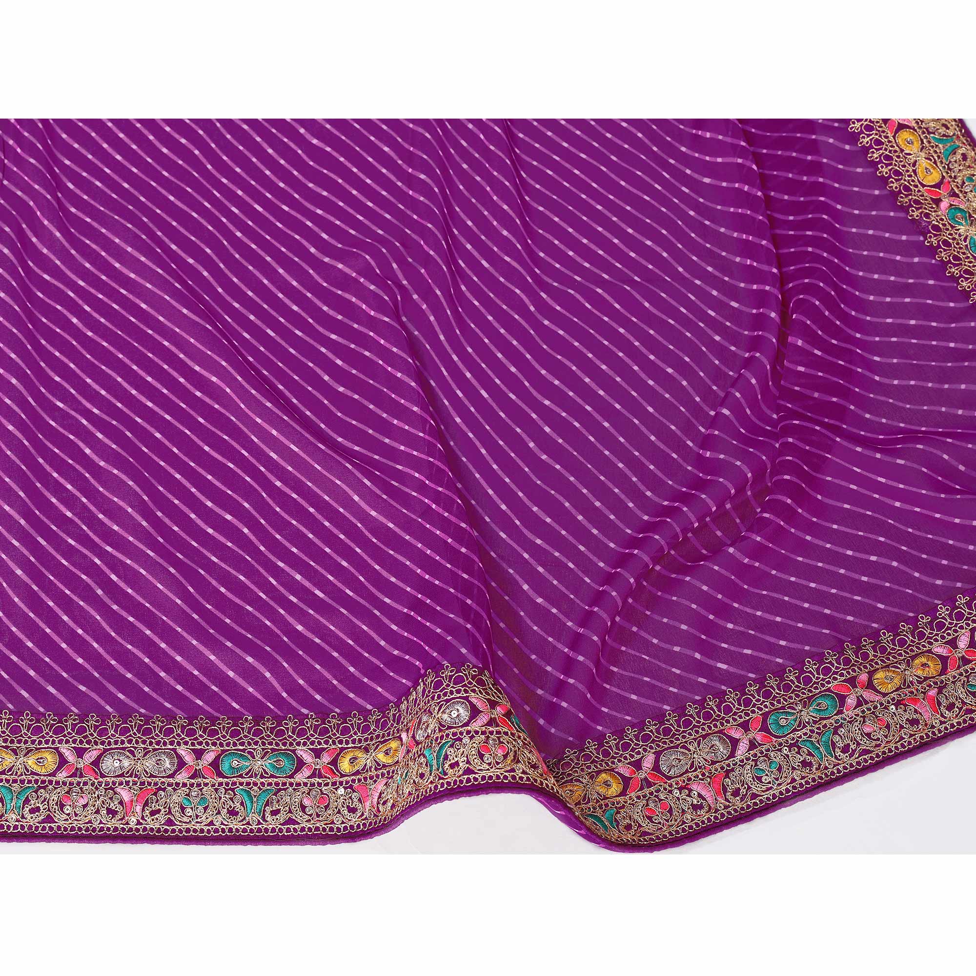 Purple Striped Printed Georgette Saree With Glittering Sequin Cording Embroidered Border