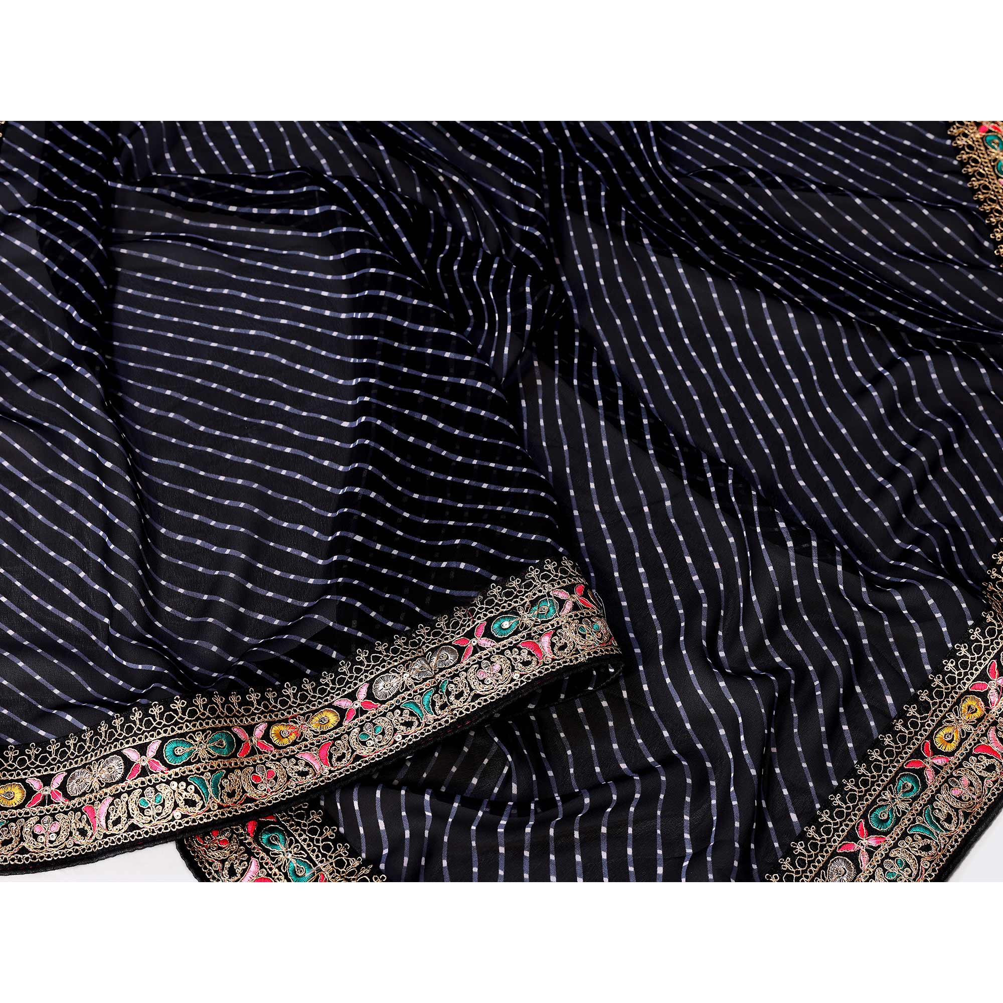 Black Striped Printed Georgette Saree With Glittering Sequin Cording Embroidered Border