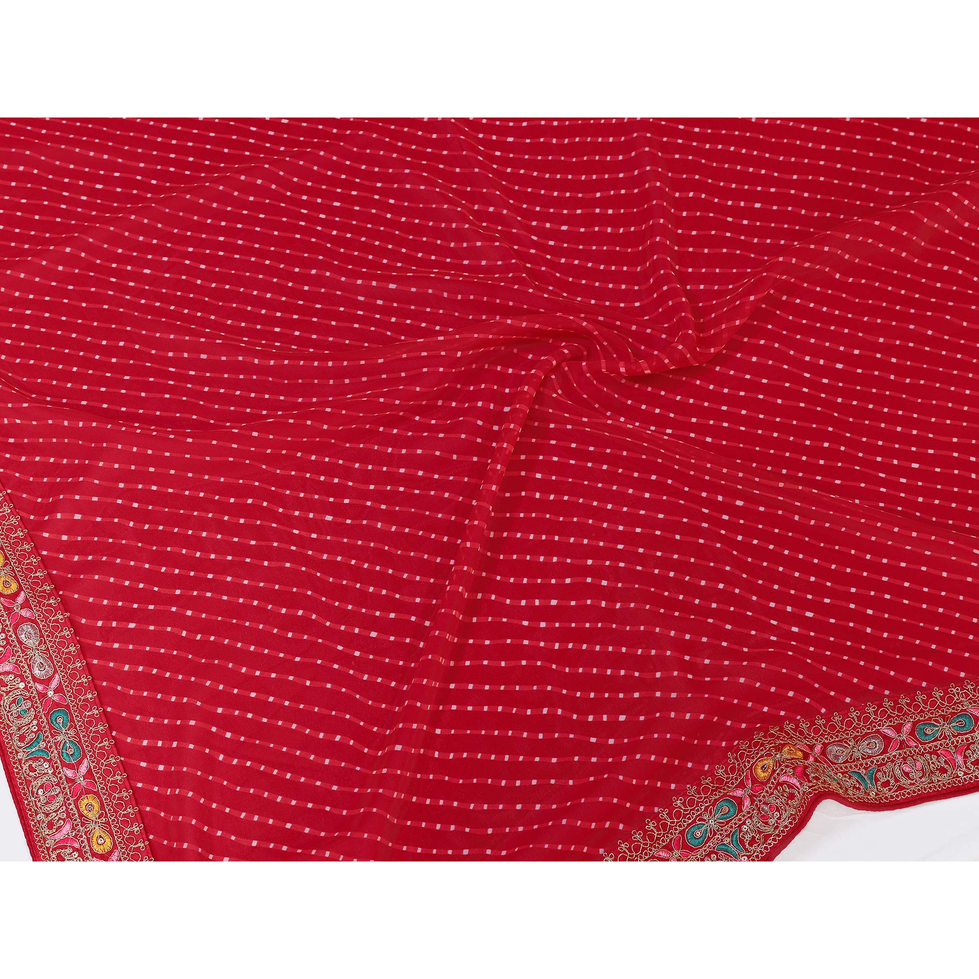 Red Striped Printed Georgette Saree With Glittering Sequin Cording Embroidered Border