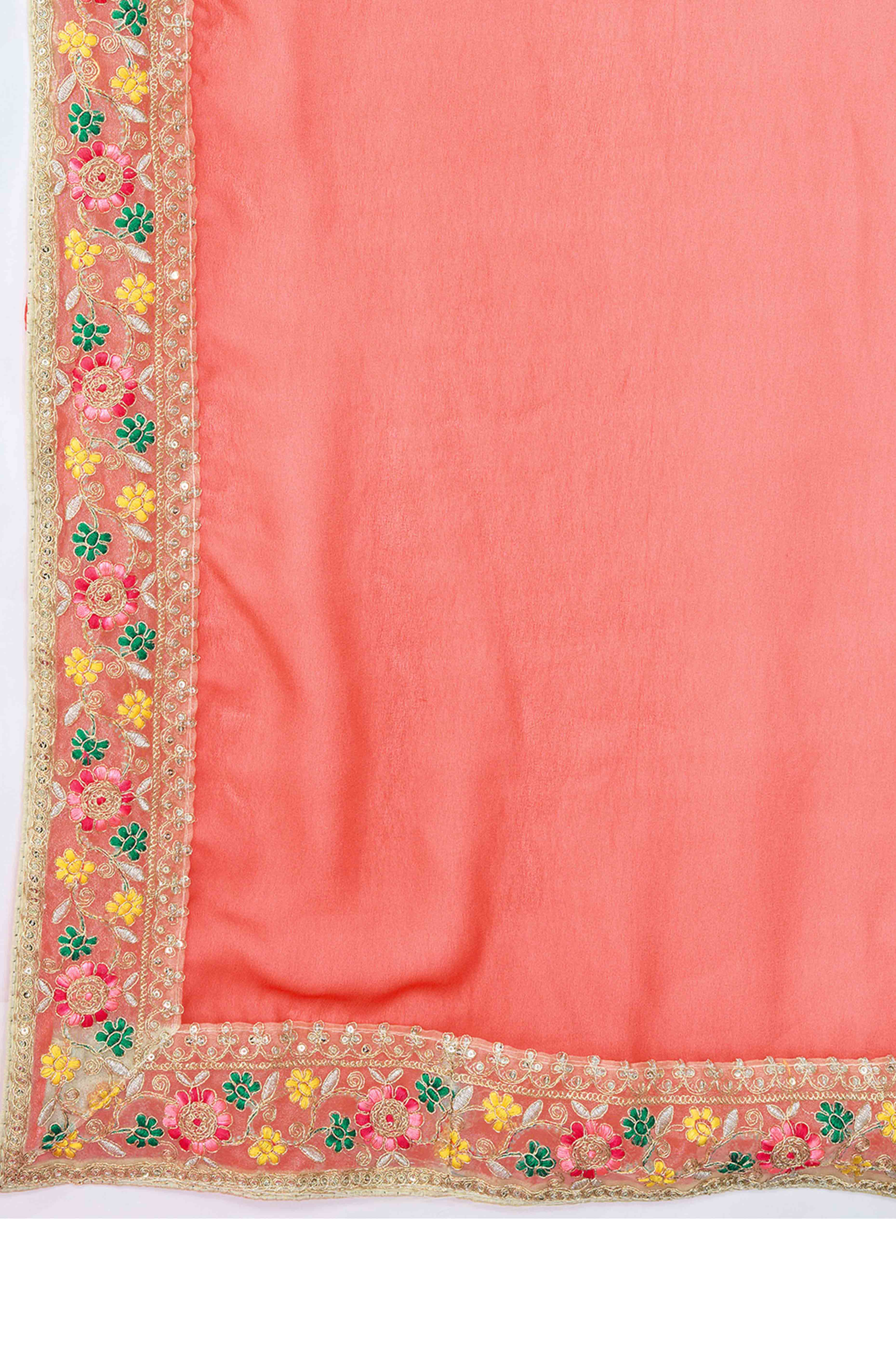 Peach To Coral Pink Georgette Ombre Saree With Intricate Floral Cording Embroidery & Sequin Detailing