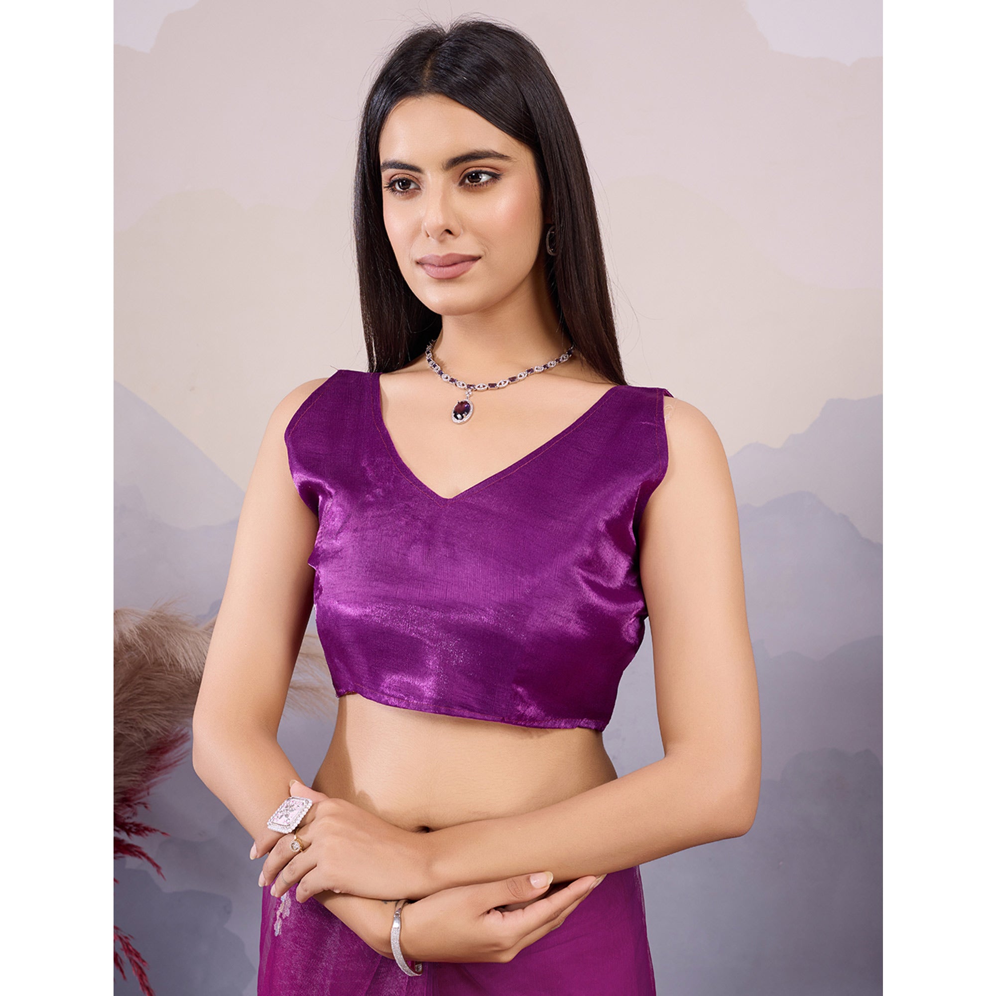 Purple Floral Thread Embroidered Net Saree