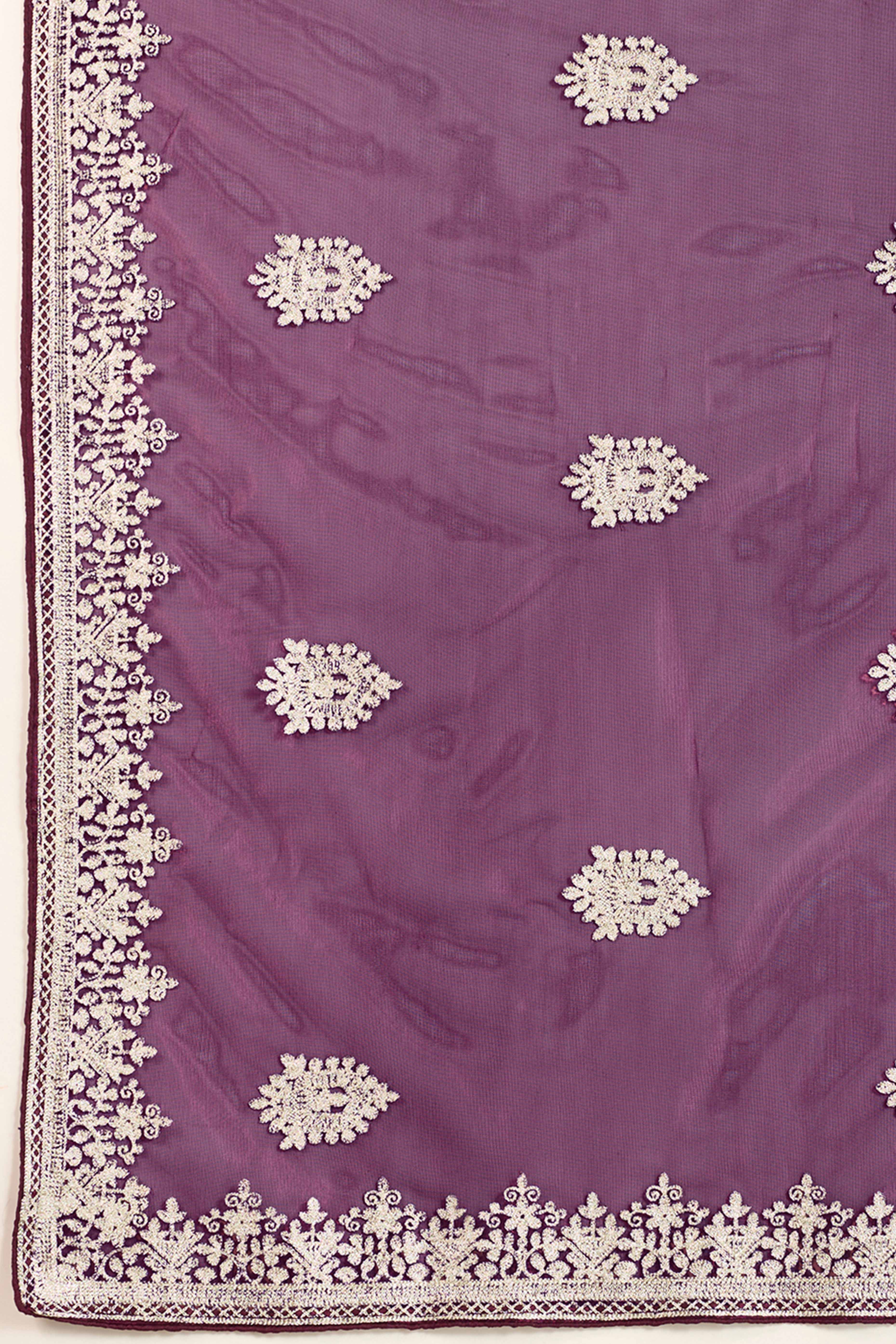 Stylish Purple Twill Net Saree Crafted With Floral Cording & Sequins Embroidery Work