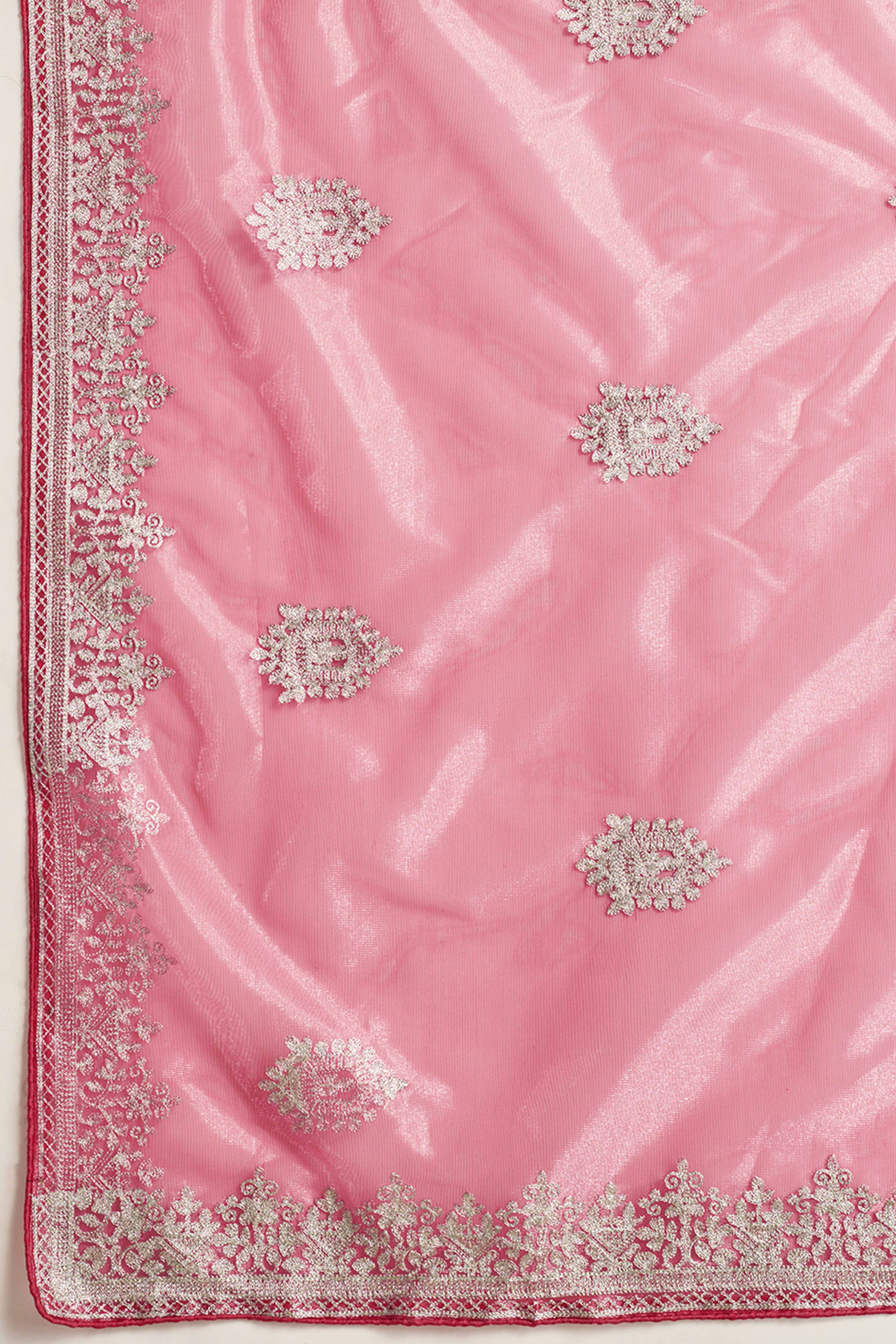 Elegant Pink Floral Cording Embroidered Twill Net Saree With Sequins Detailing