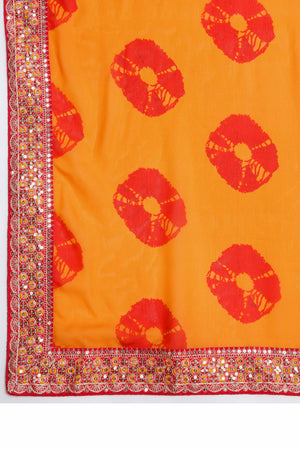 Bright Orange Georgette Saree with Contemporary Tie-Dye Patterns and Classic Lace Work Finish