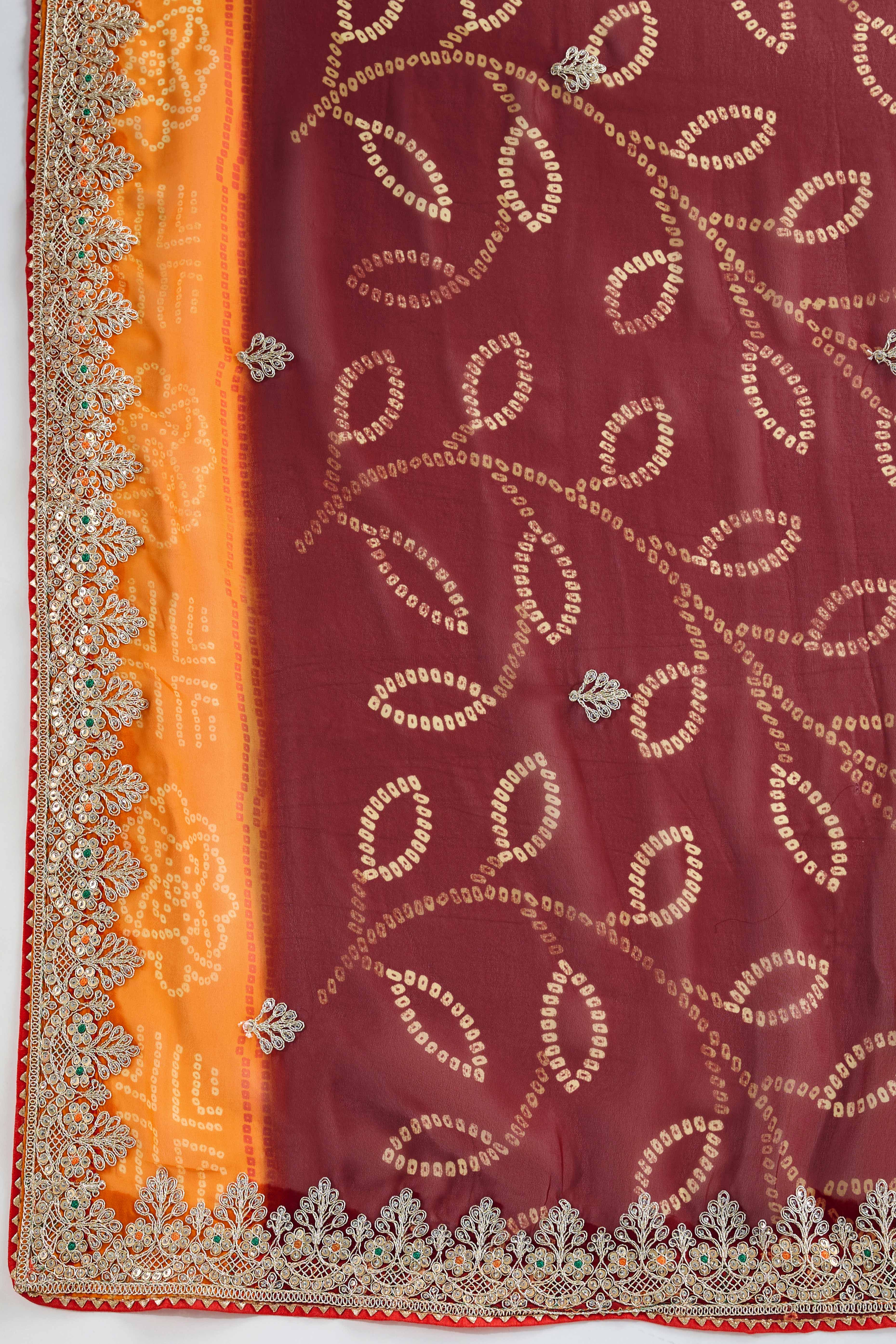 Traditional Bandhani Maroon Georgette Saree with Fine Embroidery