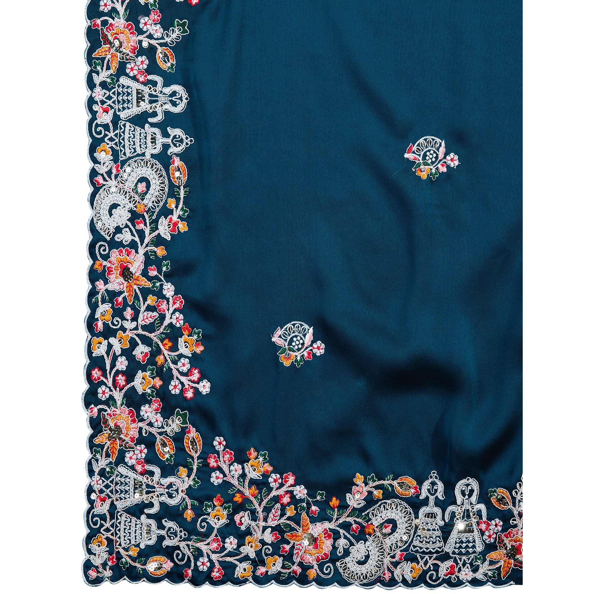 Morpich Blue Floral Sequins Embroidered Vichitra Rangoli Silk Saree