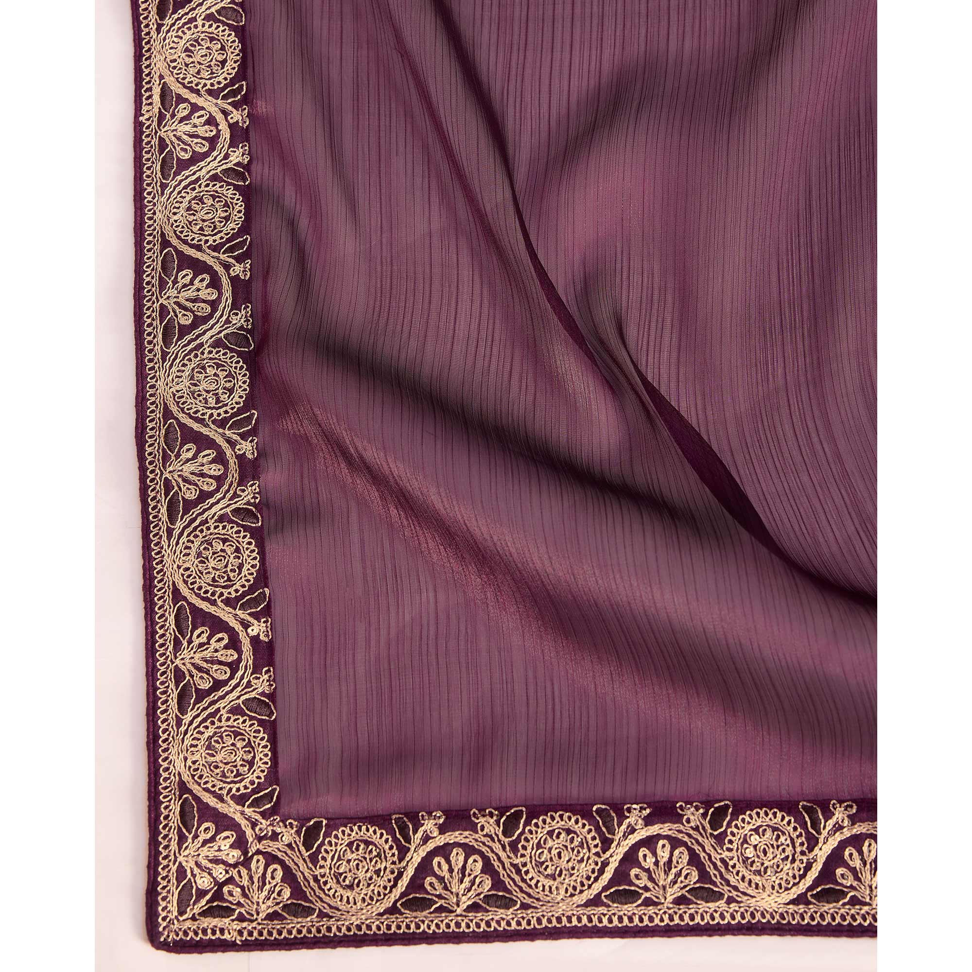 Wine Solid With Sequins Embroidery Border Mulberry Silk Saree
