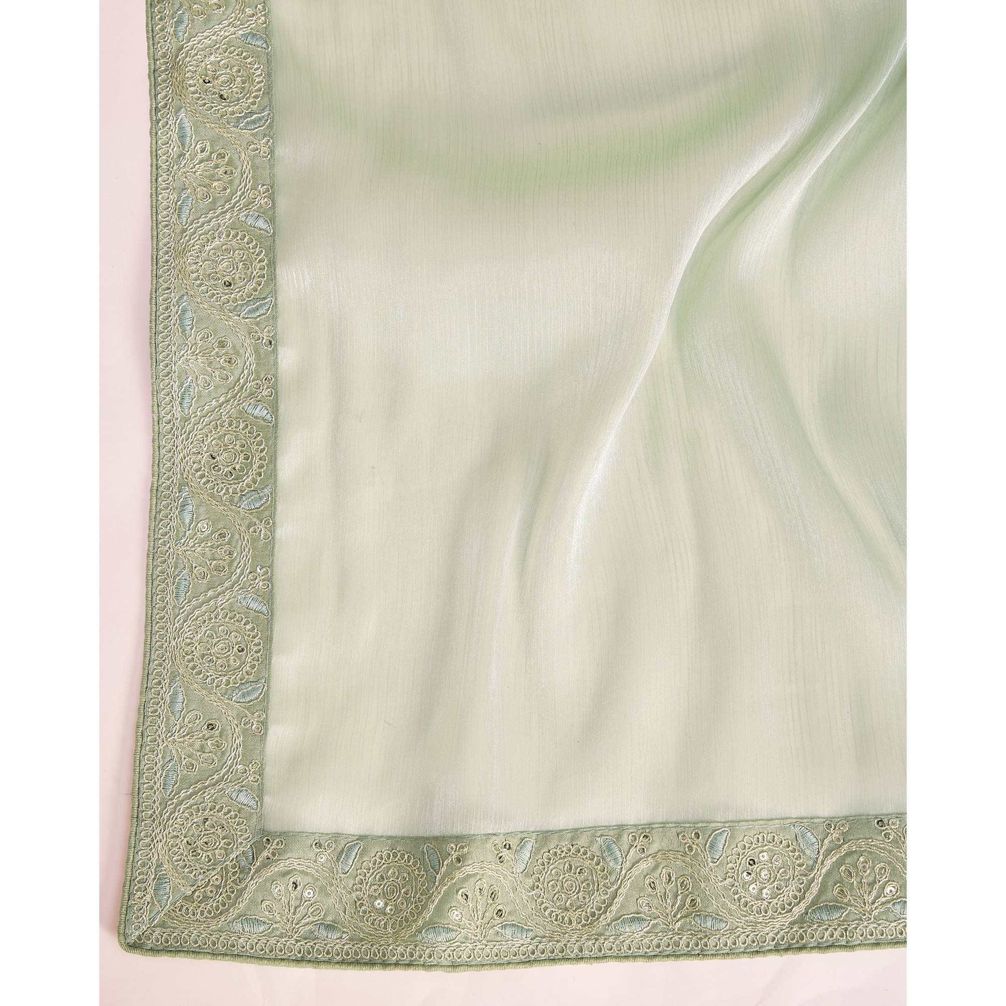Green Solid With Sequins Embroidery Border Mulberry Silk Saree