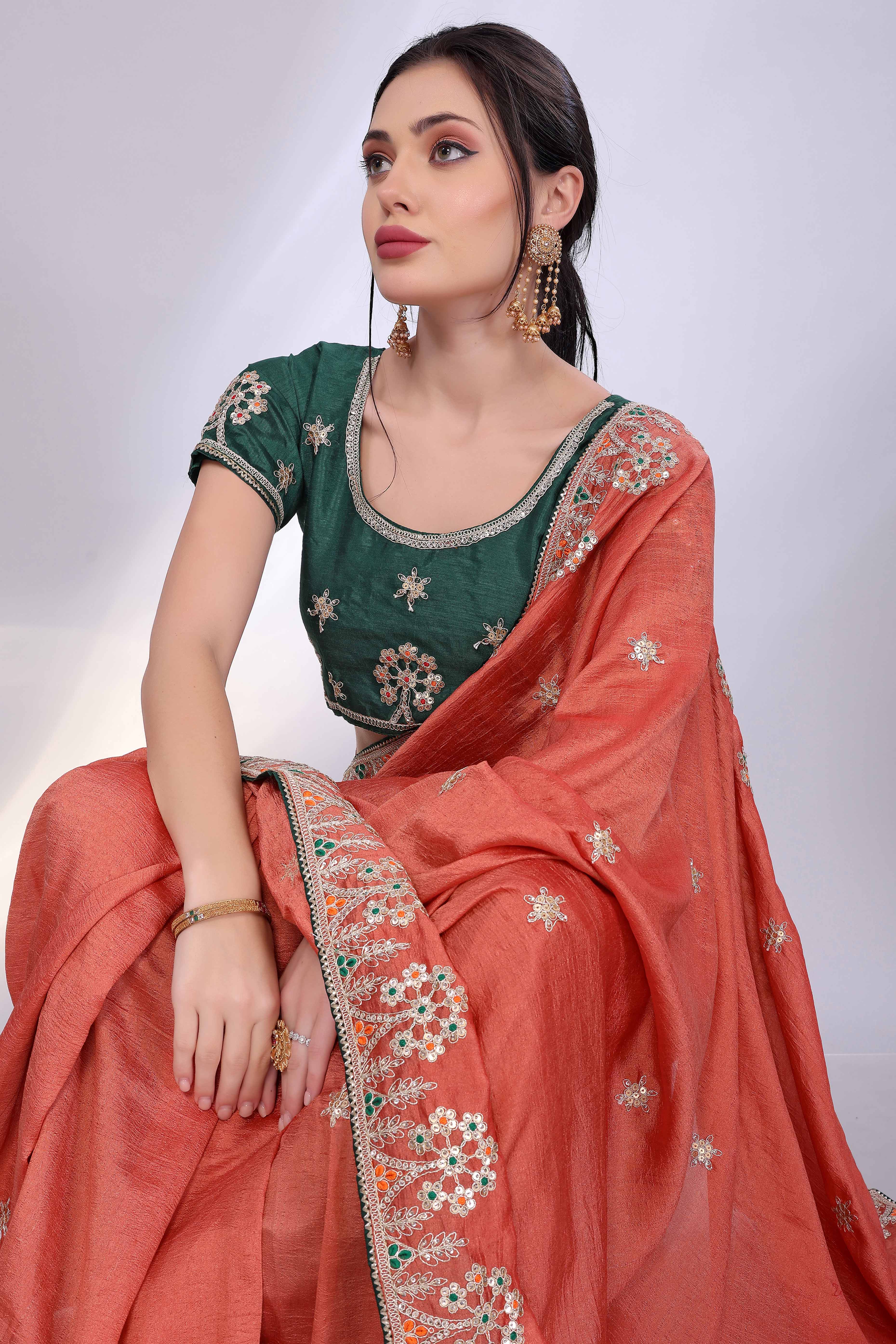 Orange Vichitra Silk Saree Embellished With Floral Cording Embroidery & Sparkling Sequins