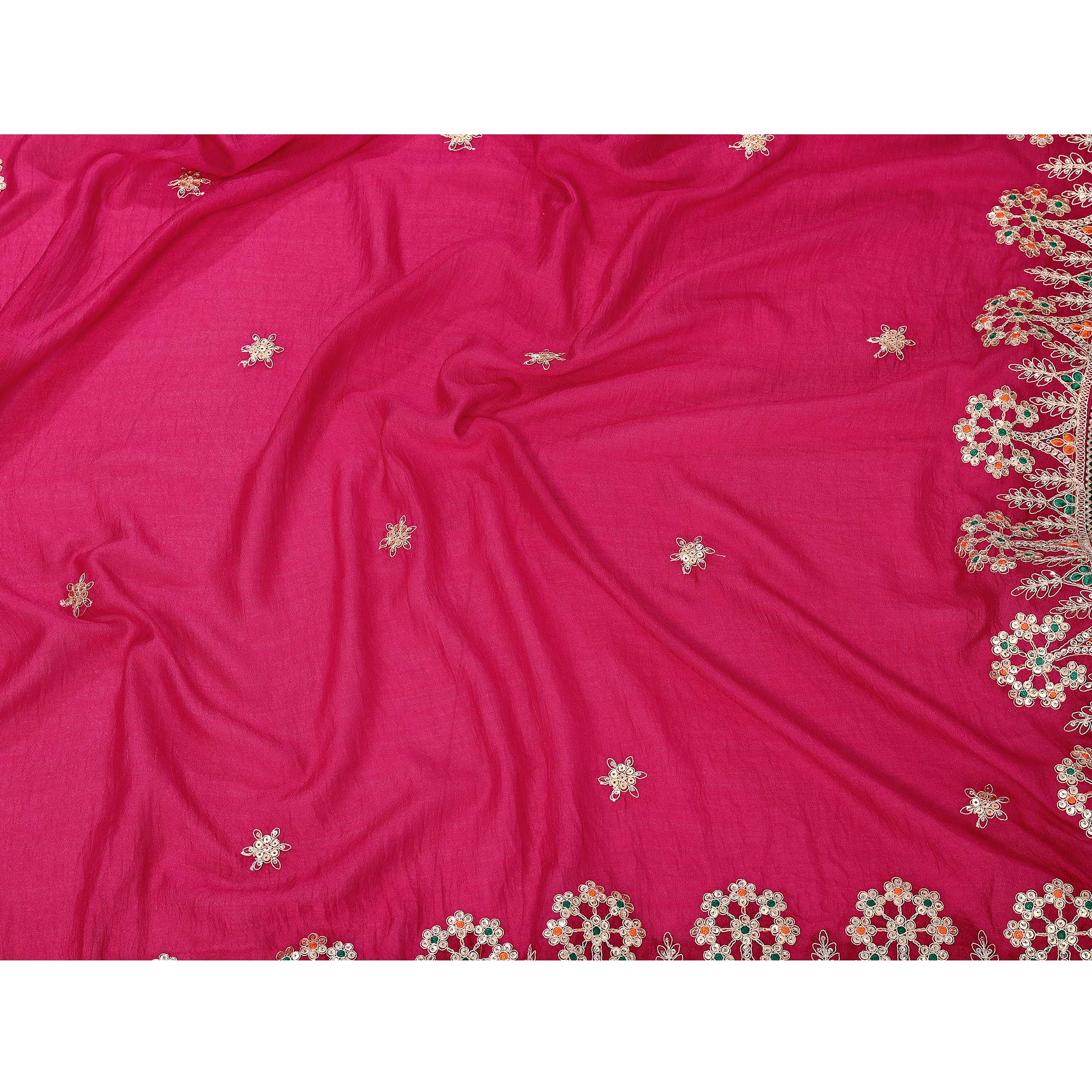 Pink Vichitra Silk Saree Embellished With Floral Cording Embroidery & Sparkling Sequins