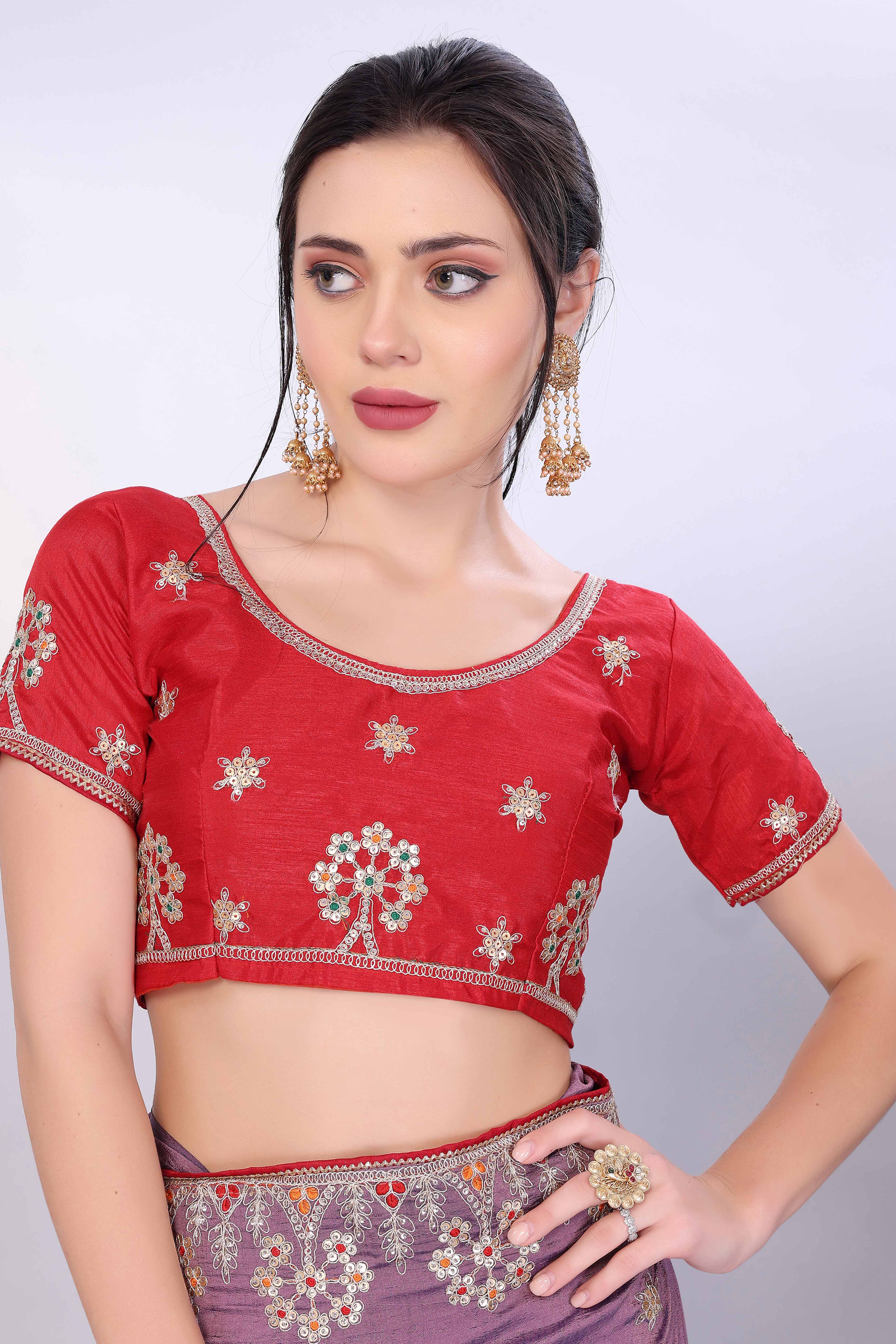 Lavender Vichitra Silk Saree Embellished With Floral Cording Embroidery & Sparkling Sequins