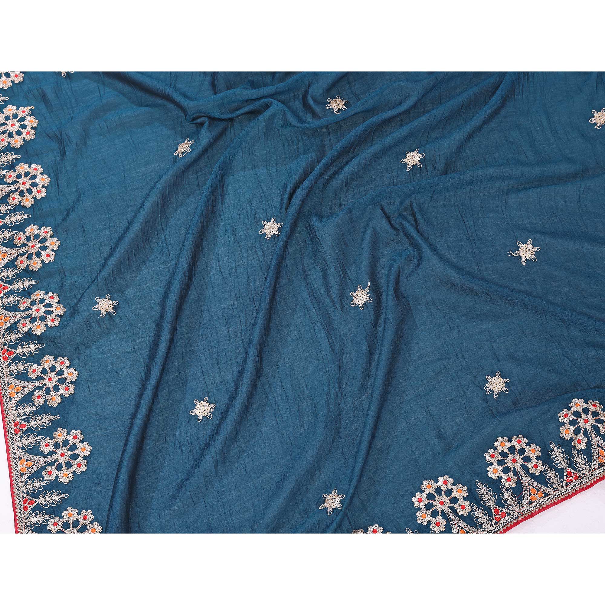 Morpich Blue Vichitra Silk Saree Embellished With Floral Cording Embroidery & Sparkling Sequins