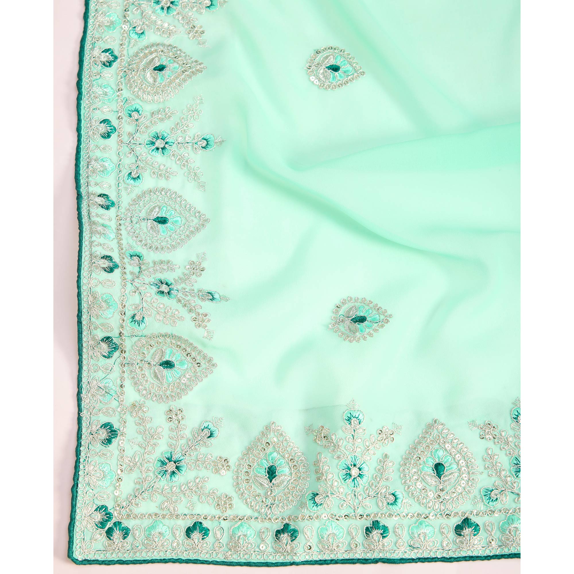 Turquoise Floral Sequins Embroidered Georgette Saree