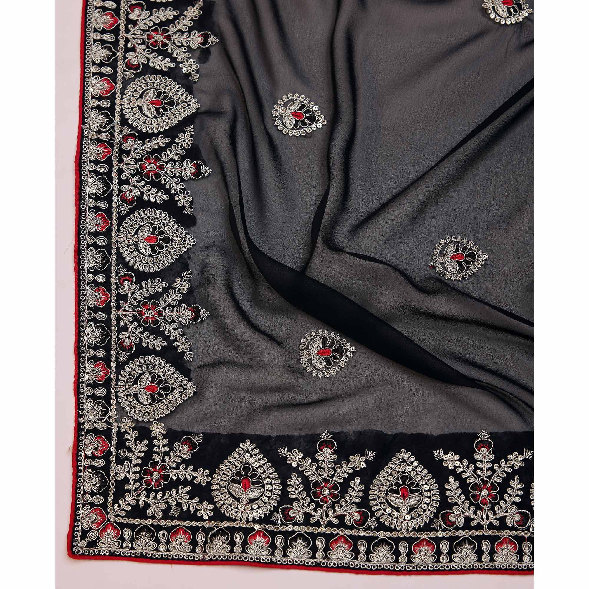 Black Floral Sequins Embroidered Georgette Saree