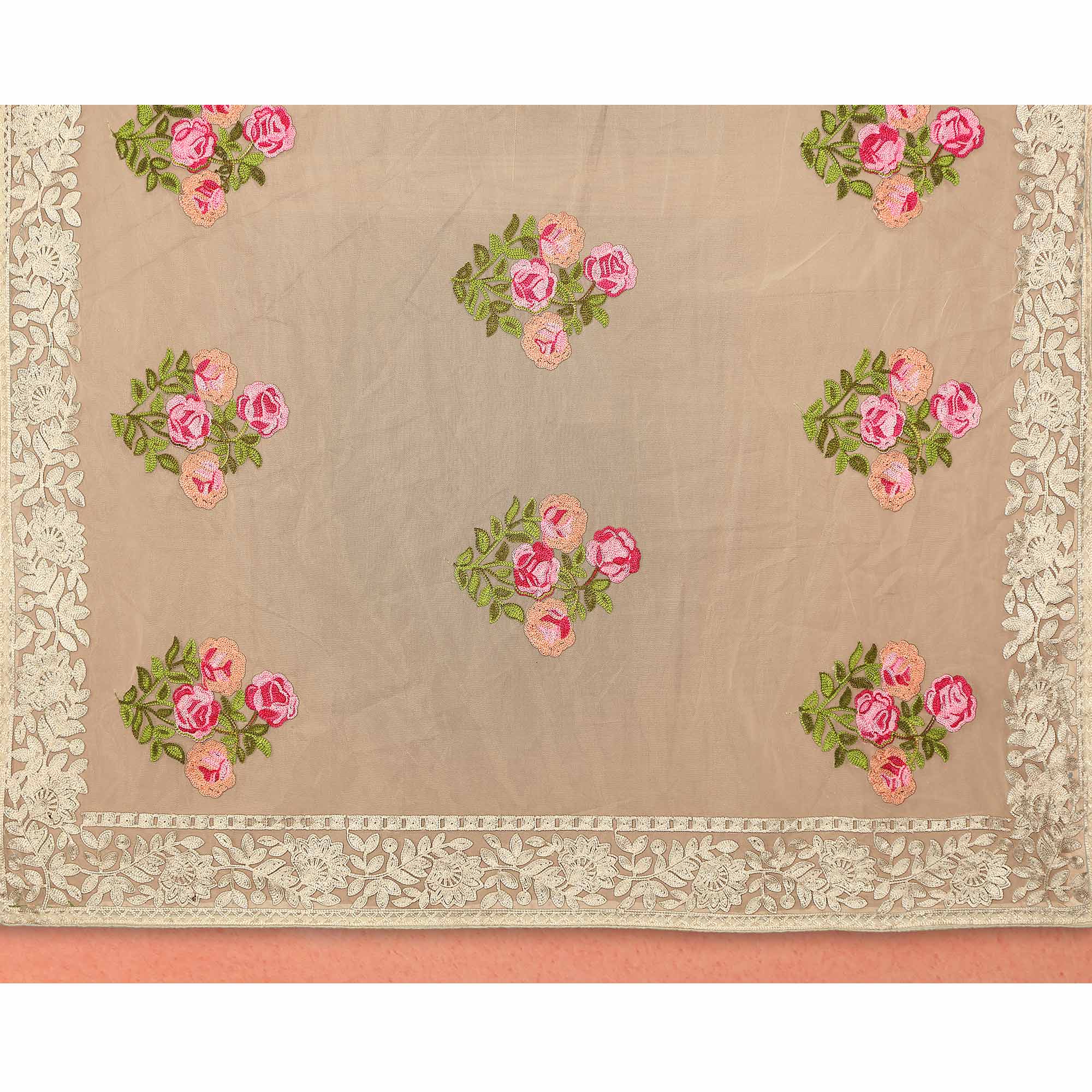 Cream Floral Embroidered Net Saree