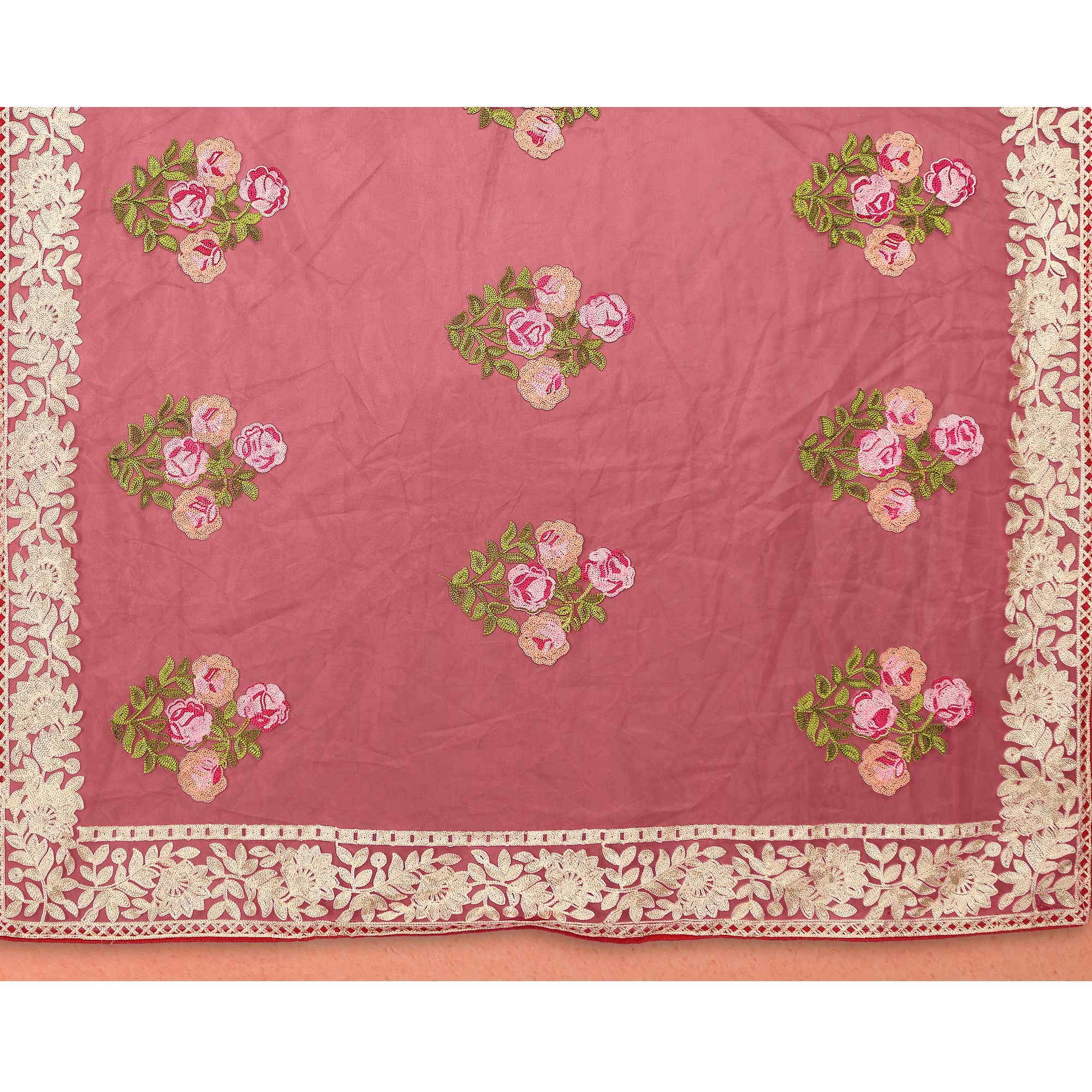 Onion Pink Floral Embroidered Net Saree