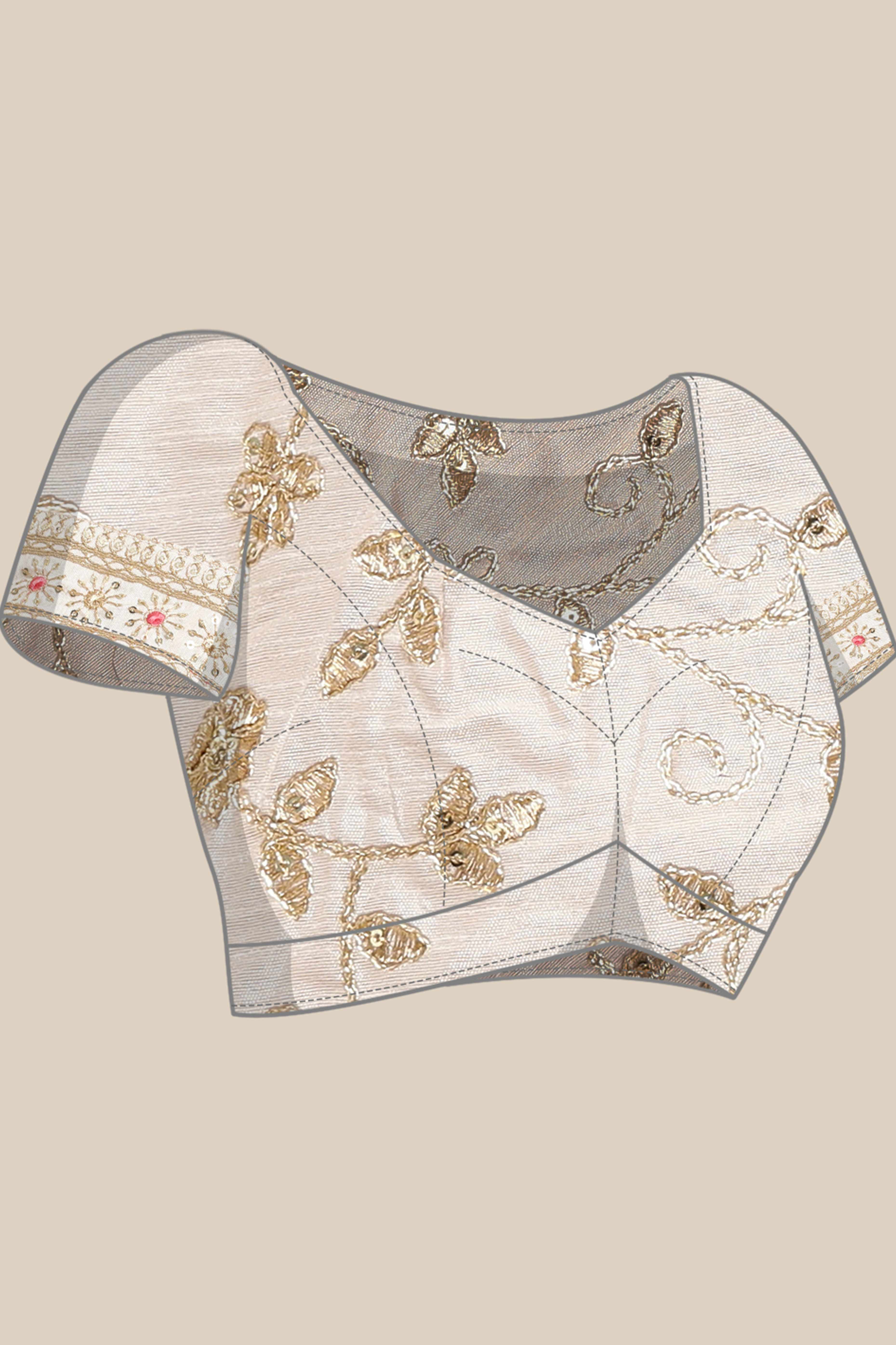 Cream Soft Net Saree With Delicate Floral Embroidery & Shimmering Sequins Work