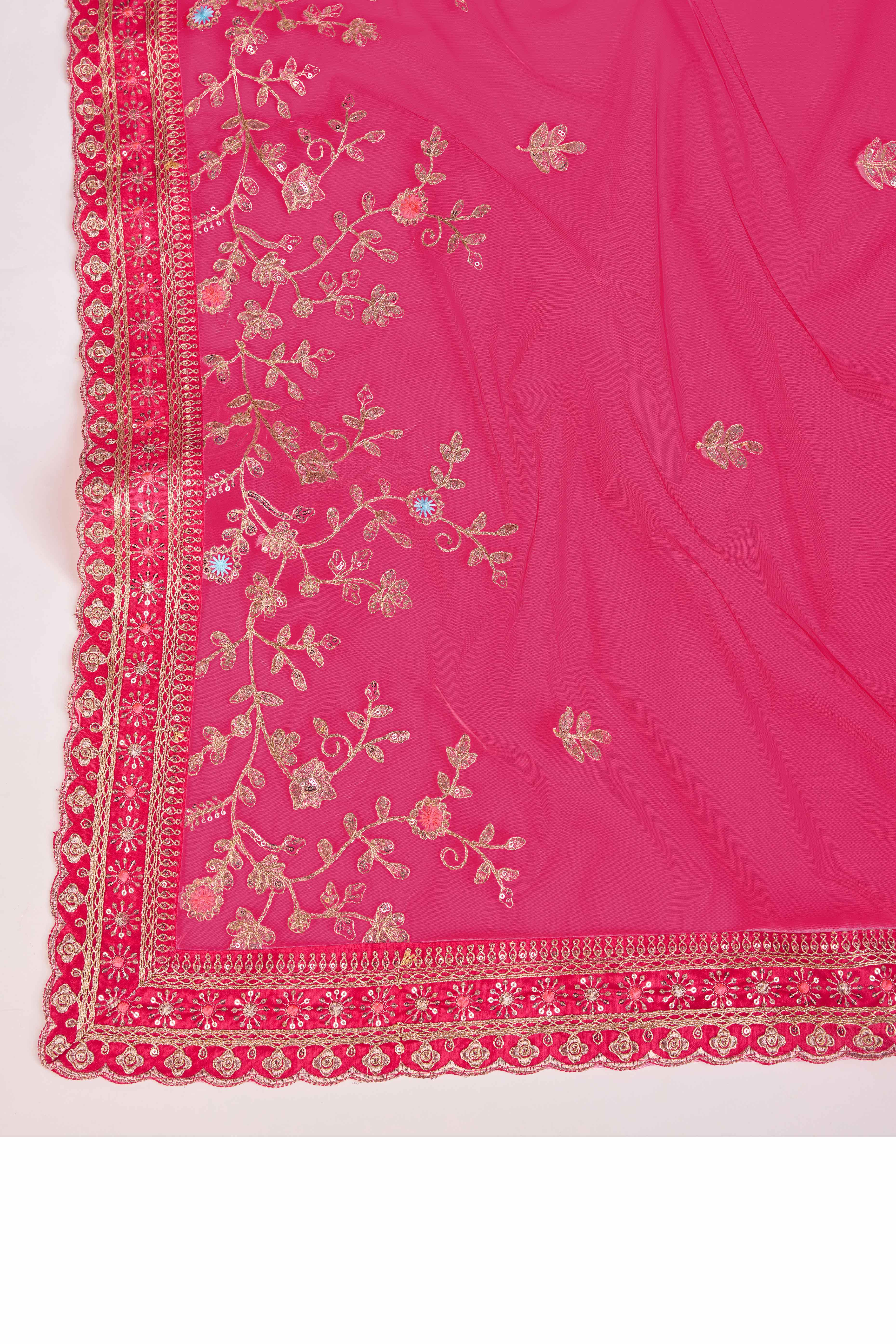 Rani Pink Soft Net Saree With Delicate Floral Embroidery & Shimmering Sequins Work