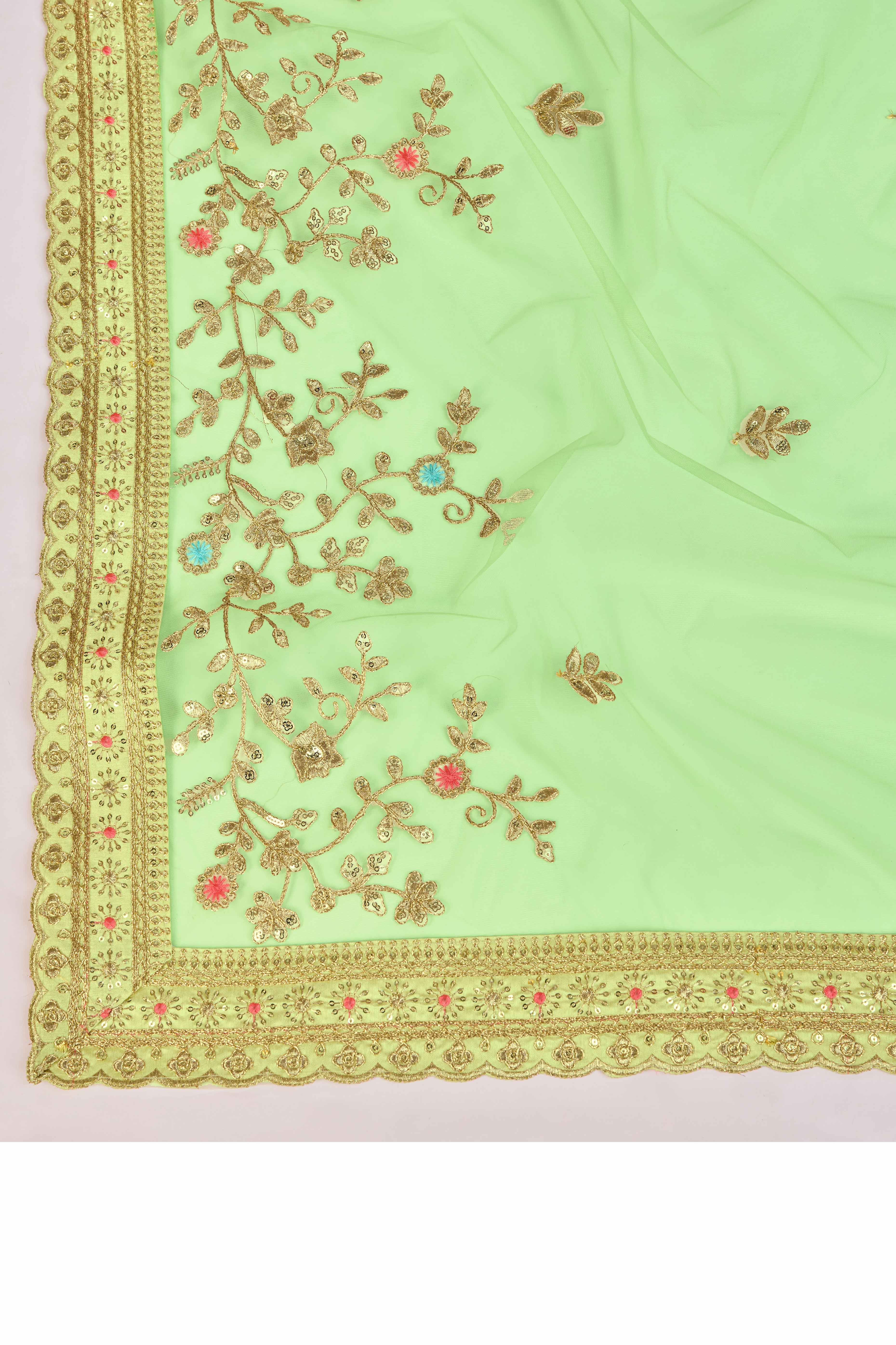 Green Soft Net Saree With Delicate Floral Embroidery & Shimmering Sequins Work