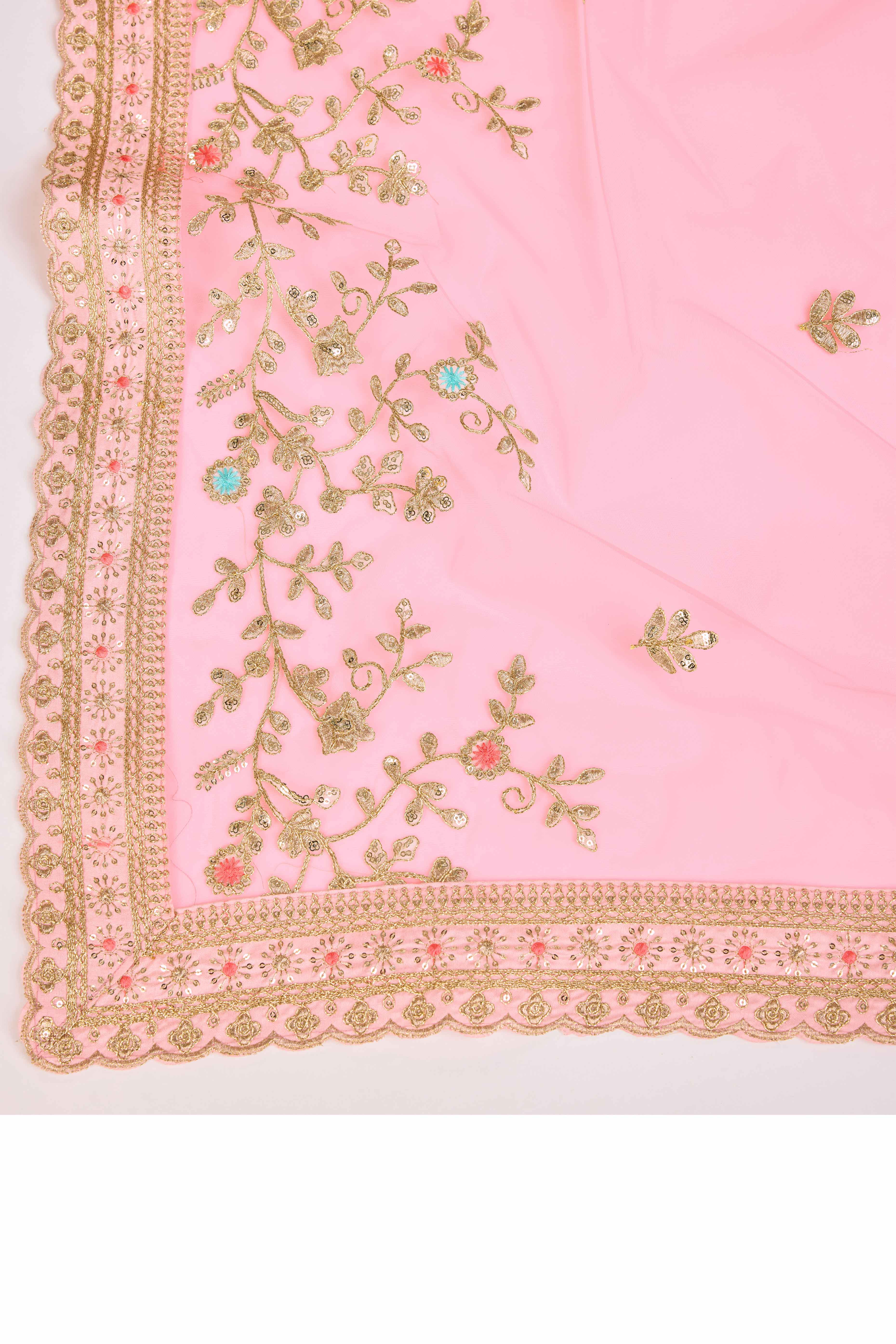 Baby Pink Soft Net Saree With Delicate Floral Embroidery & Shimmering Sequins Work