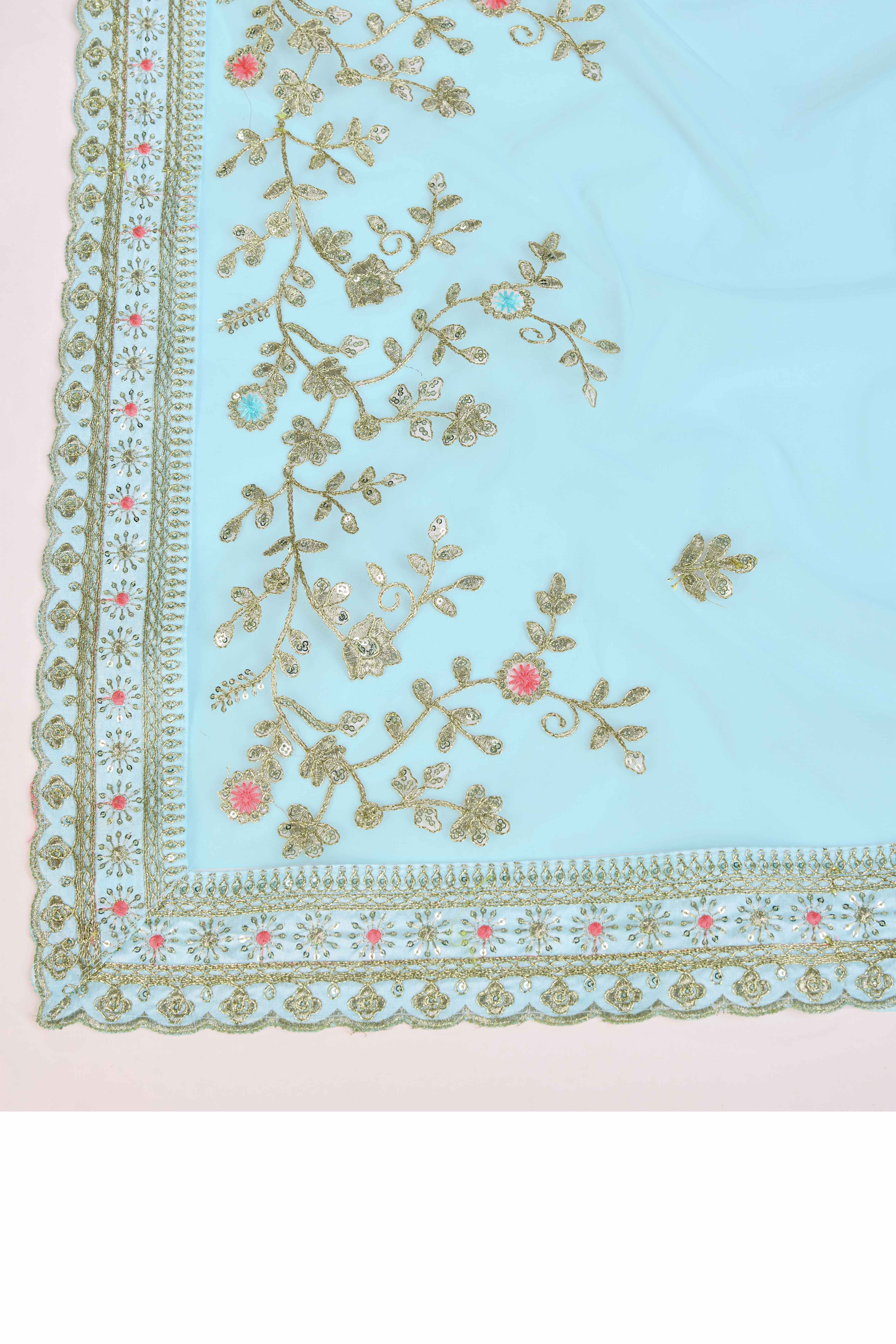 Blue Soft Net Saree With Delicate Floral Embroidery & Shimmering Sequins Work