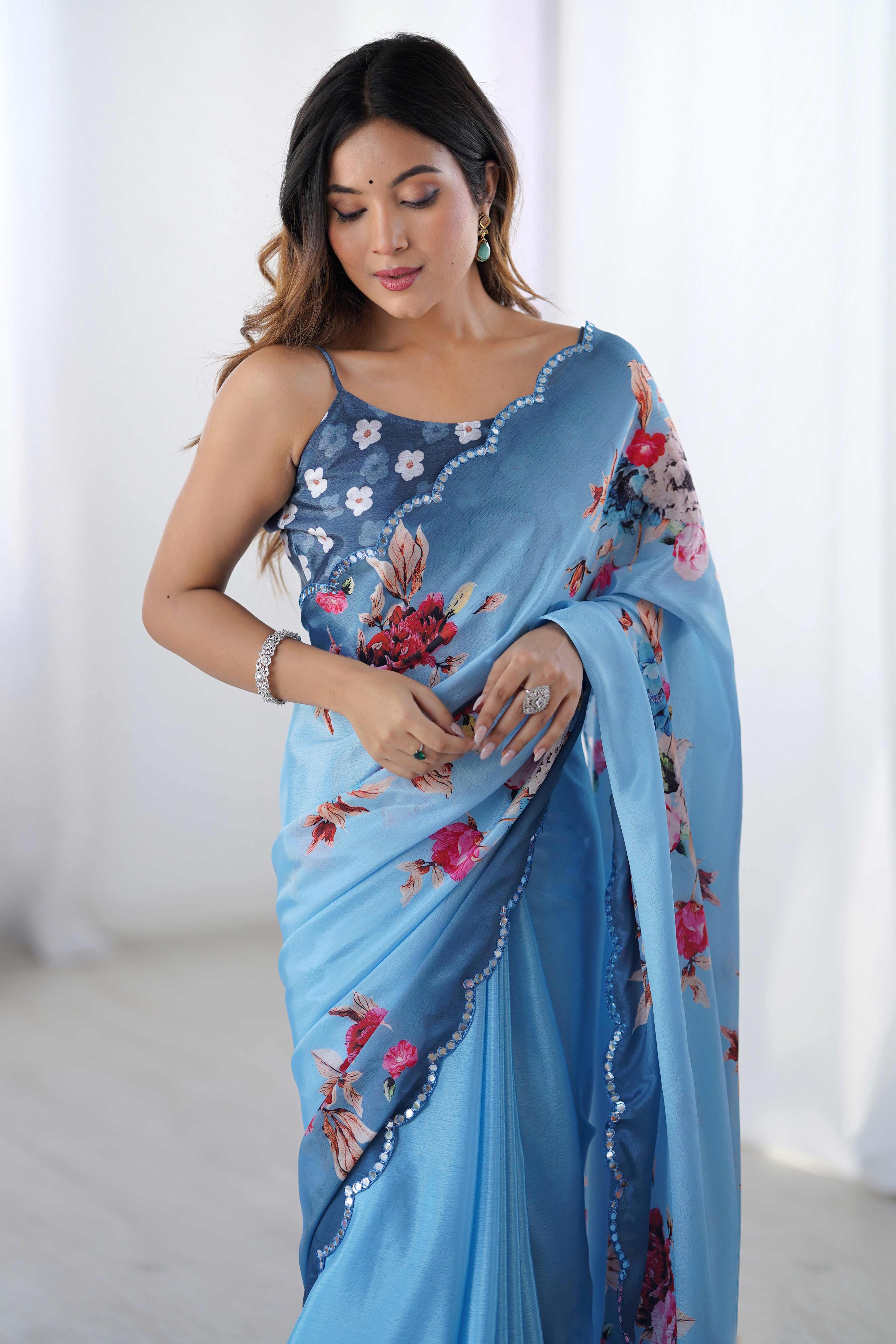 Sky Blue Floral Printed Chinon Saree with Shimmering Mirror Detailing