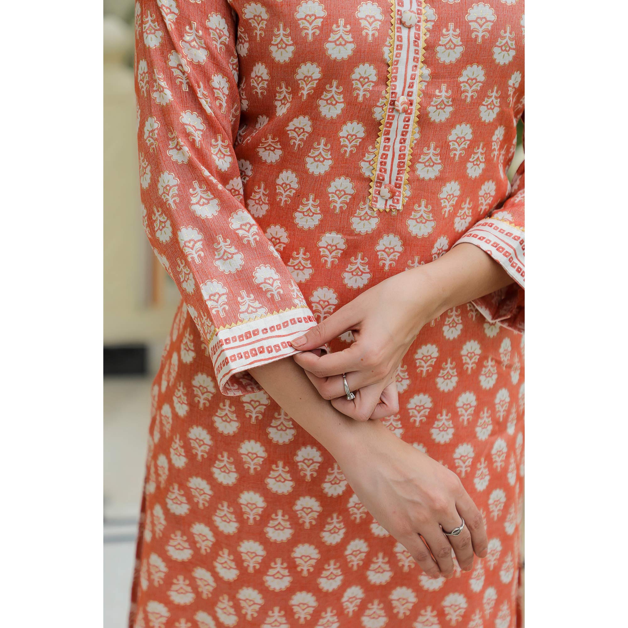 Peach Floral Foil Printed Rayon Suit