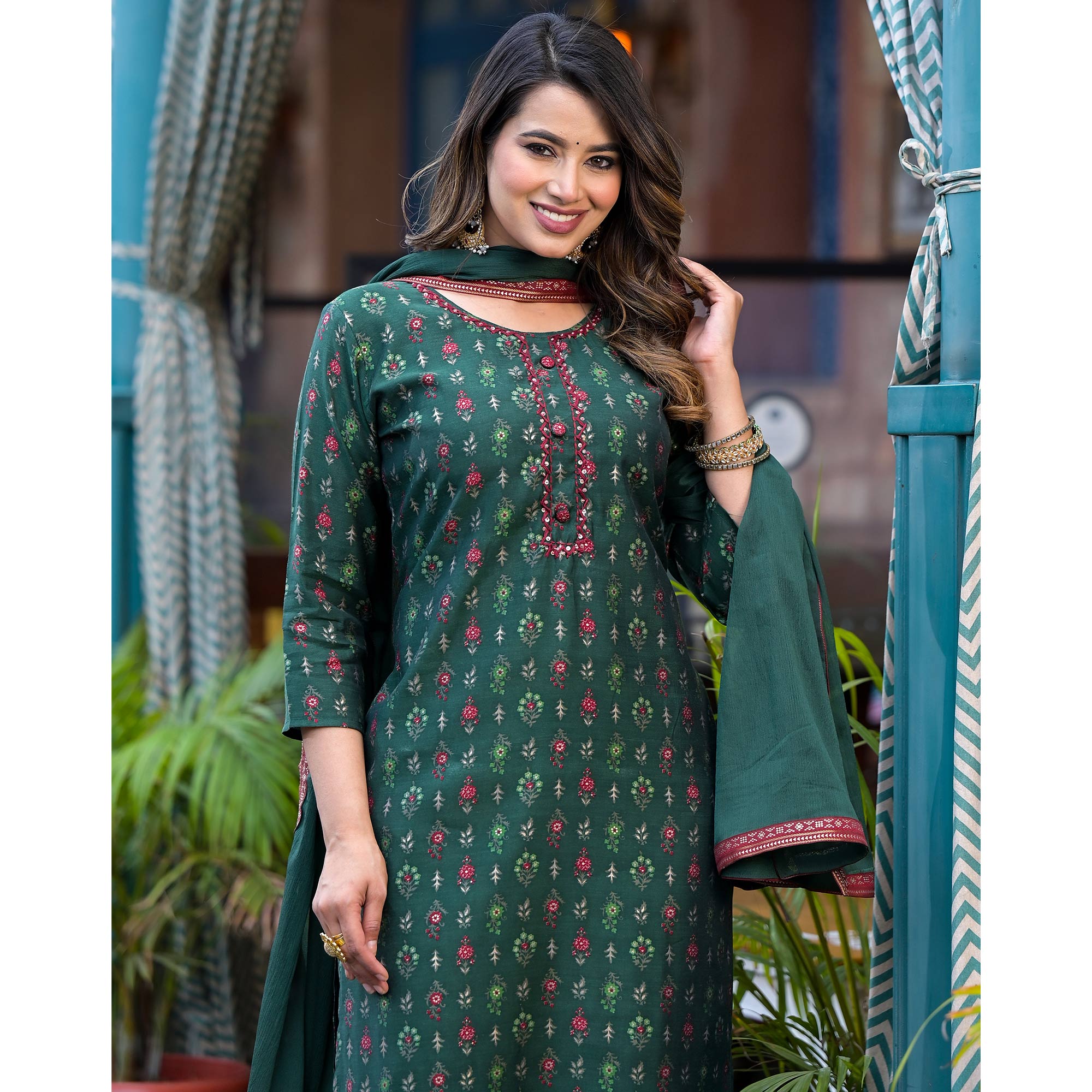 Embroidered Bottle Green Chinnon Festive Salwar Suit main image 1