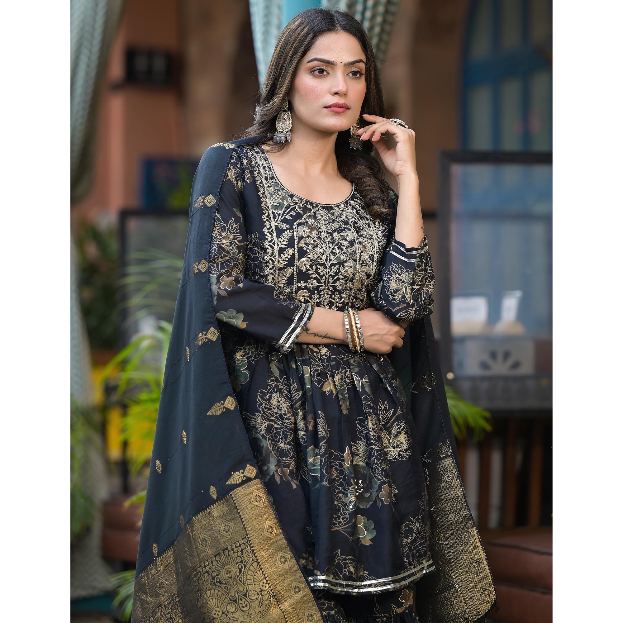Black Floral Embroidered Chanderi Silk Sharara Suit