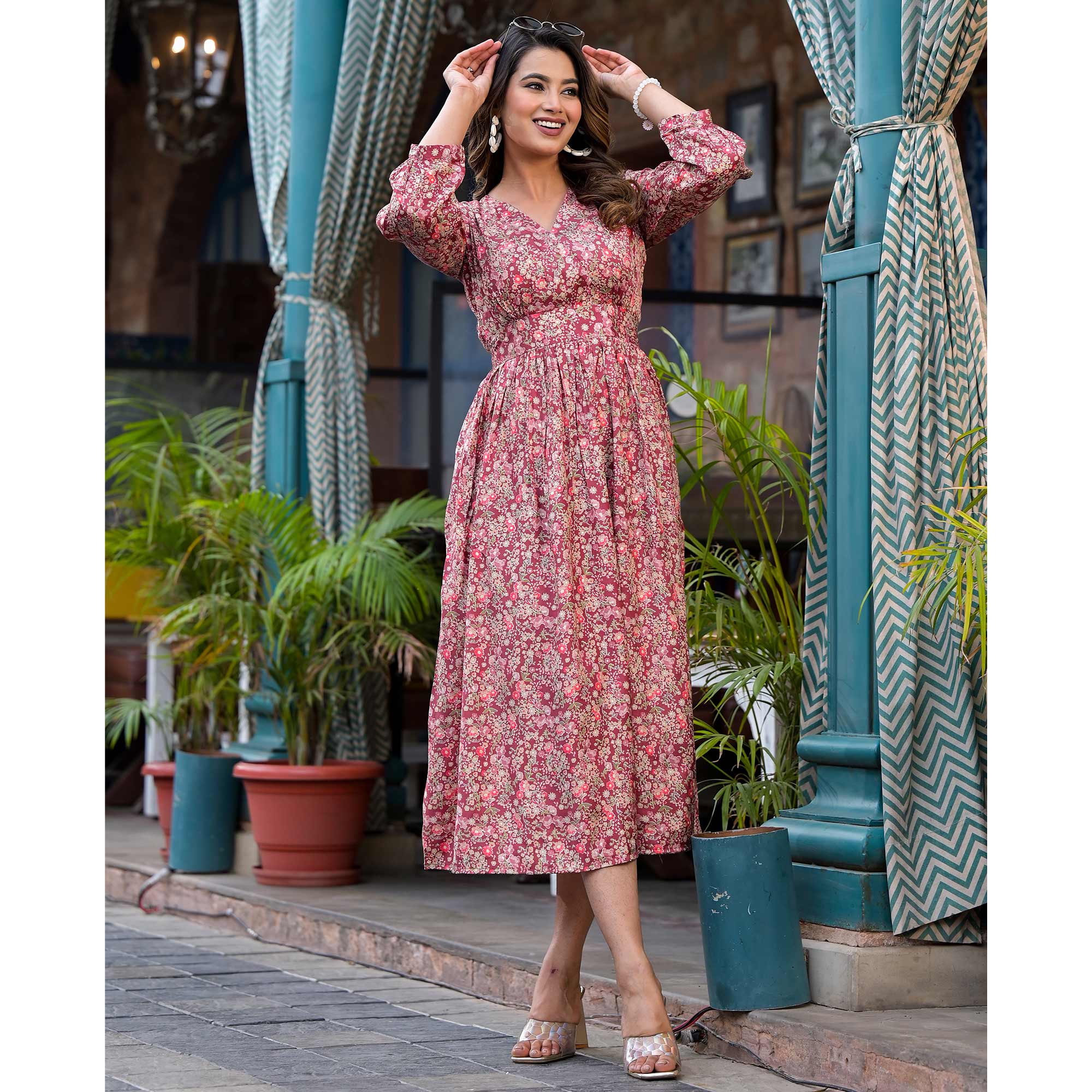 Burgundy Floral Printed Muslin A-line Dress