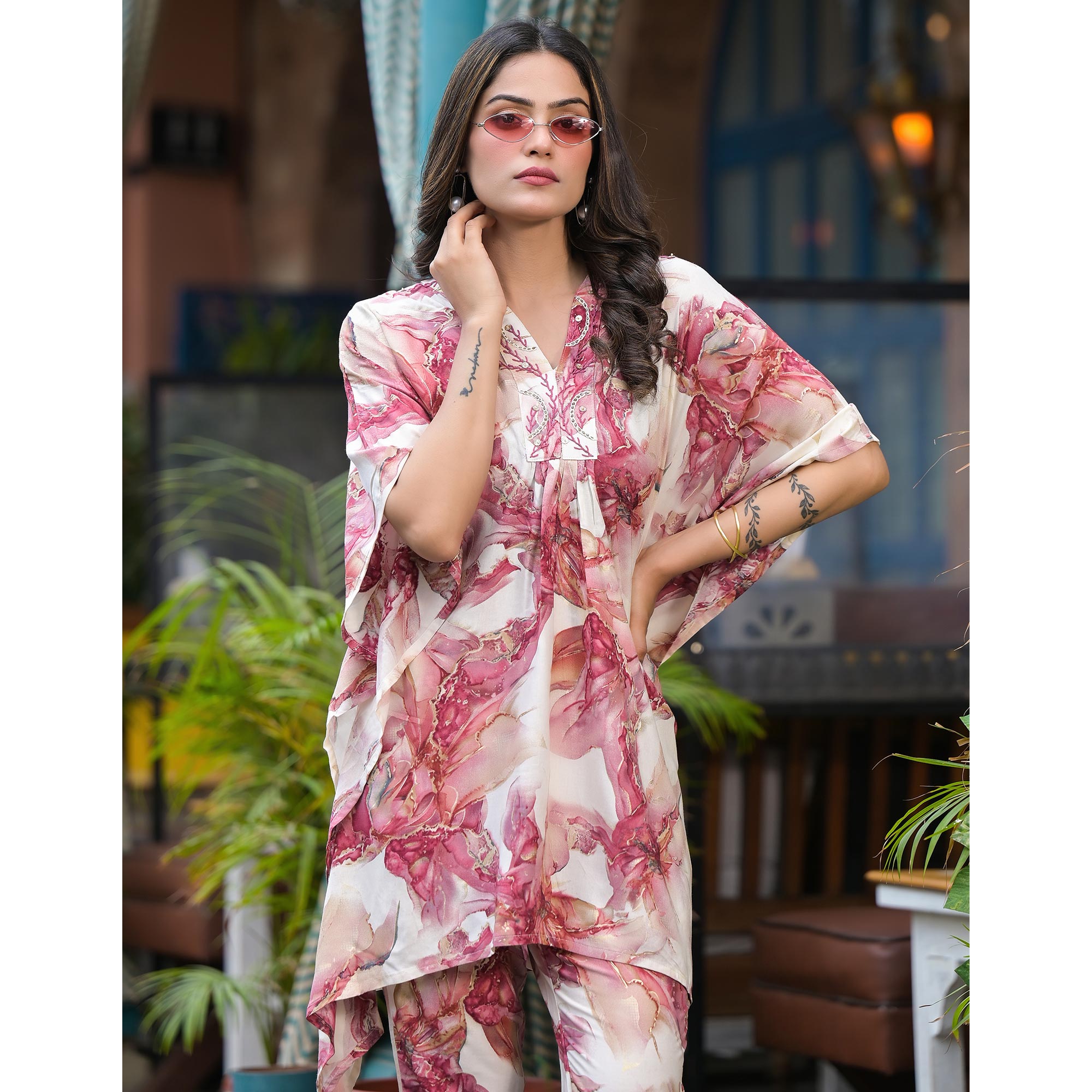Mauve Foil Printed Rayon Kaftan Co-Ord Set