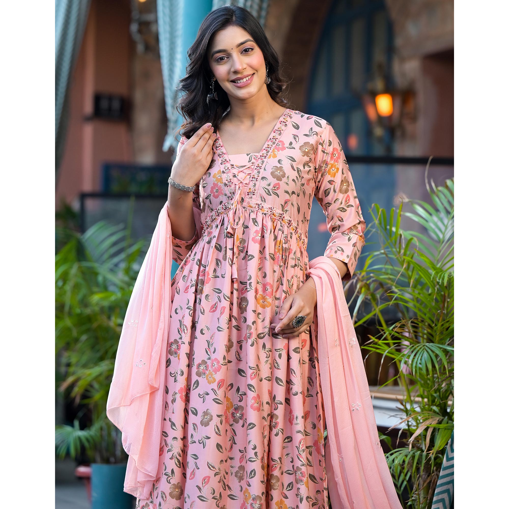 Peach Floral Alia Cut Chanderi Silk Salwar Suit With Zardosi Work