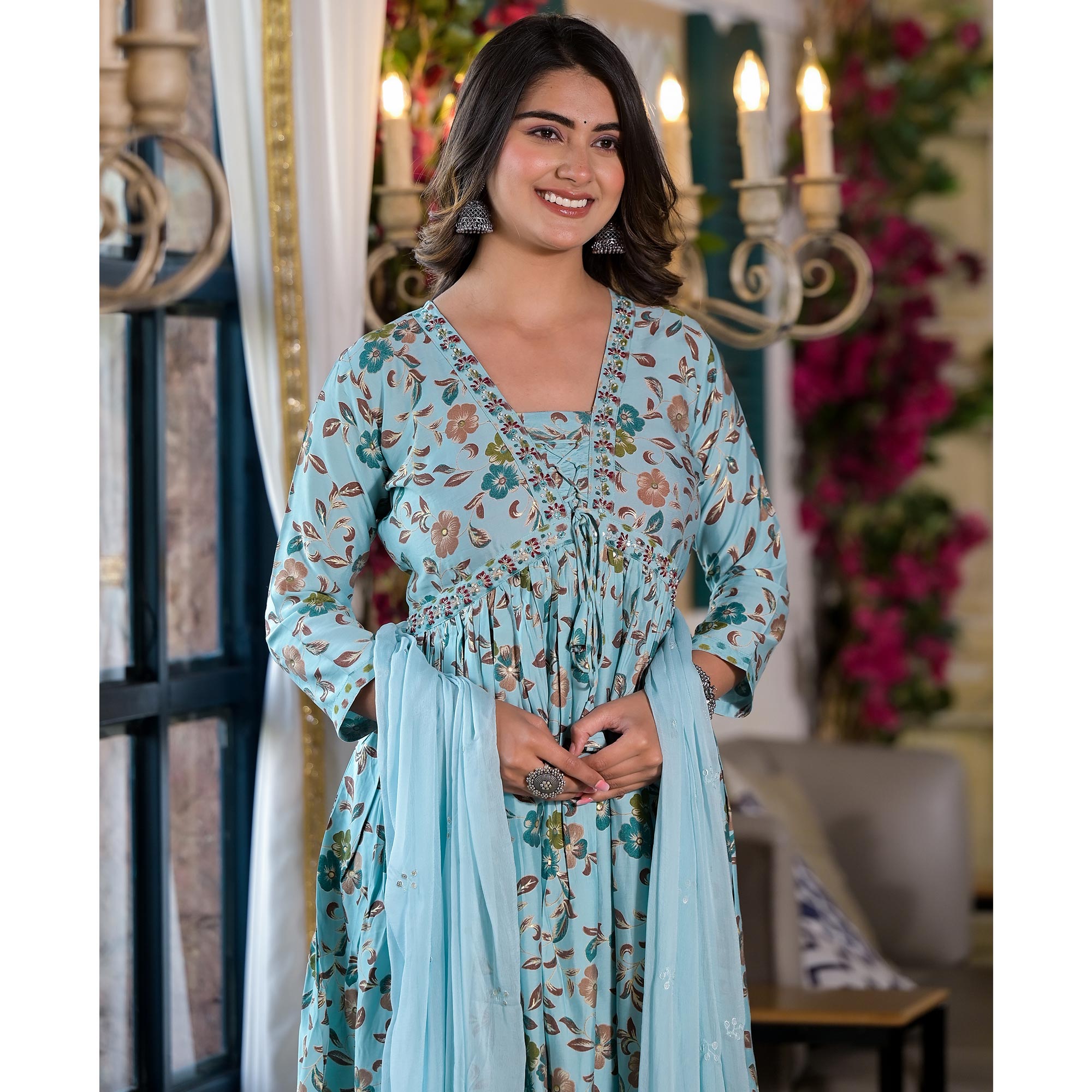 Turquoise Floral Alia Cut Chanderi Silk Salwar Suit With Zardosi Work