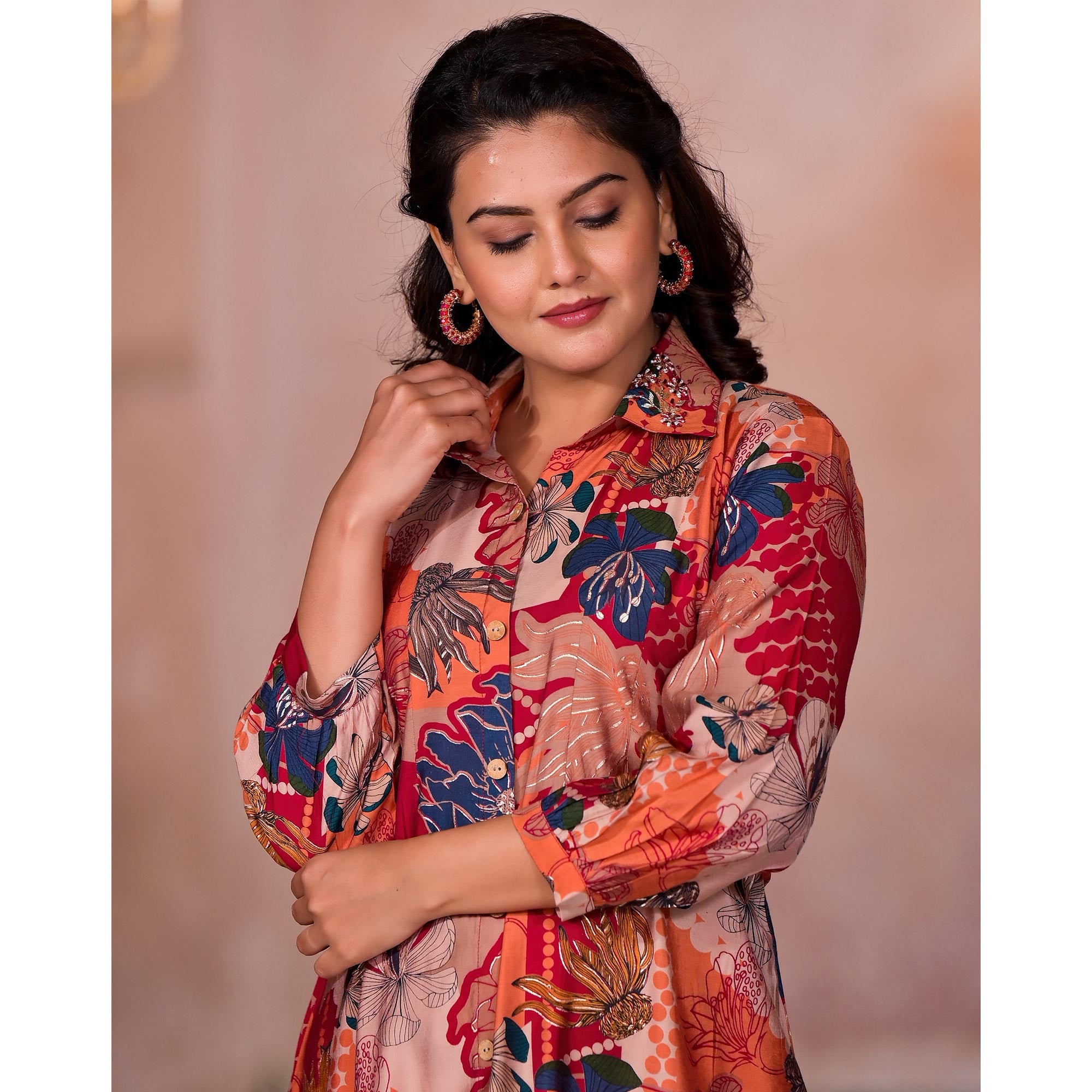 Rani Pink Floral Printed Chanderi Silk A-Line Dress