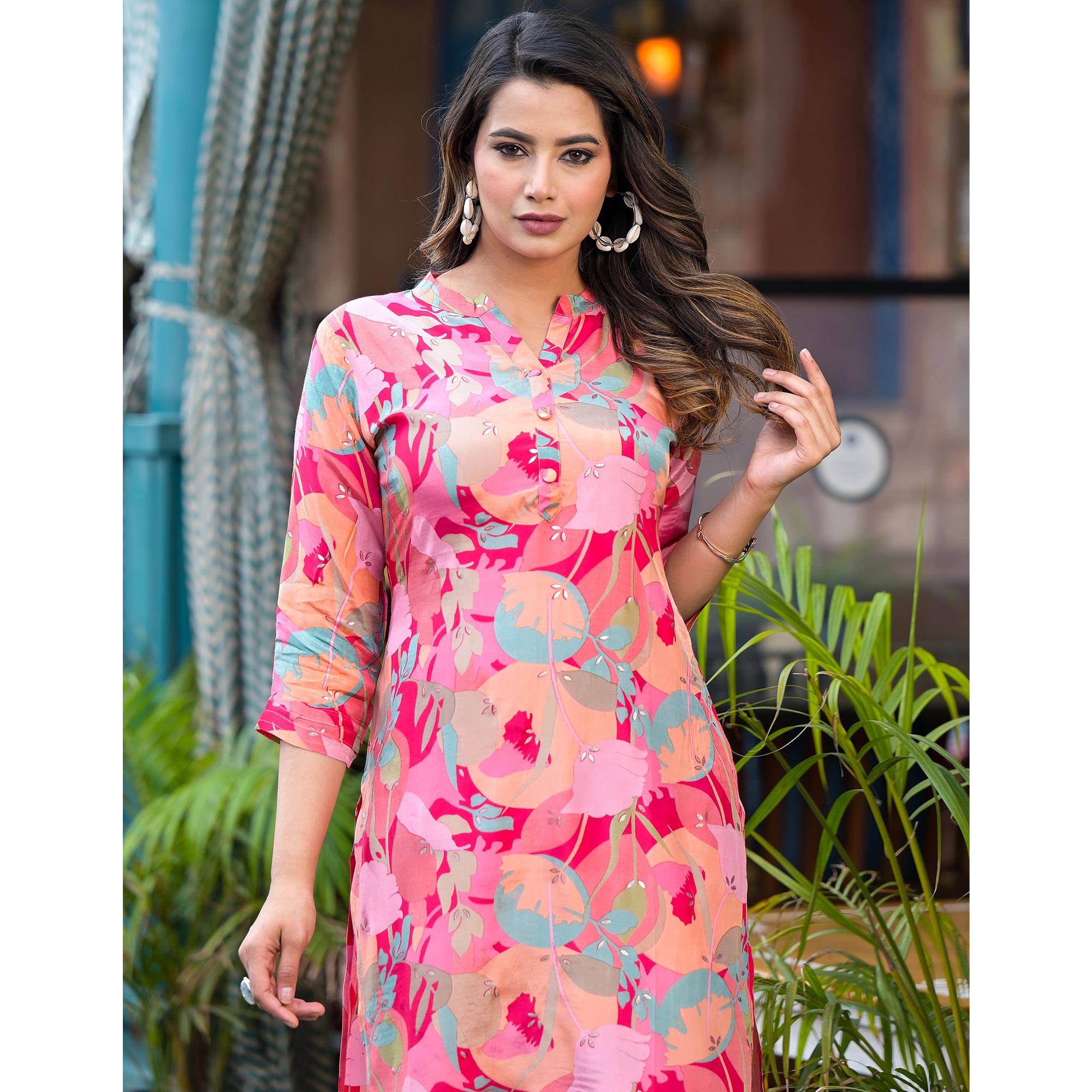 Pink Floral Foil Printed Muslin Co Ord Set