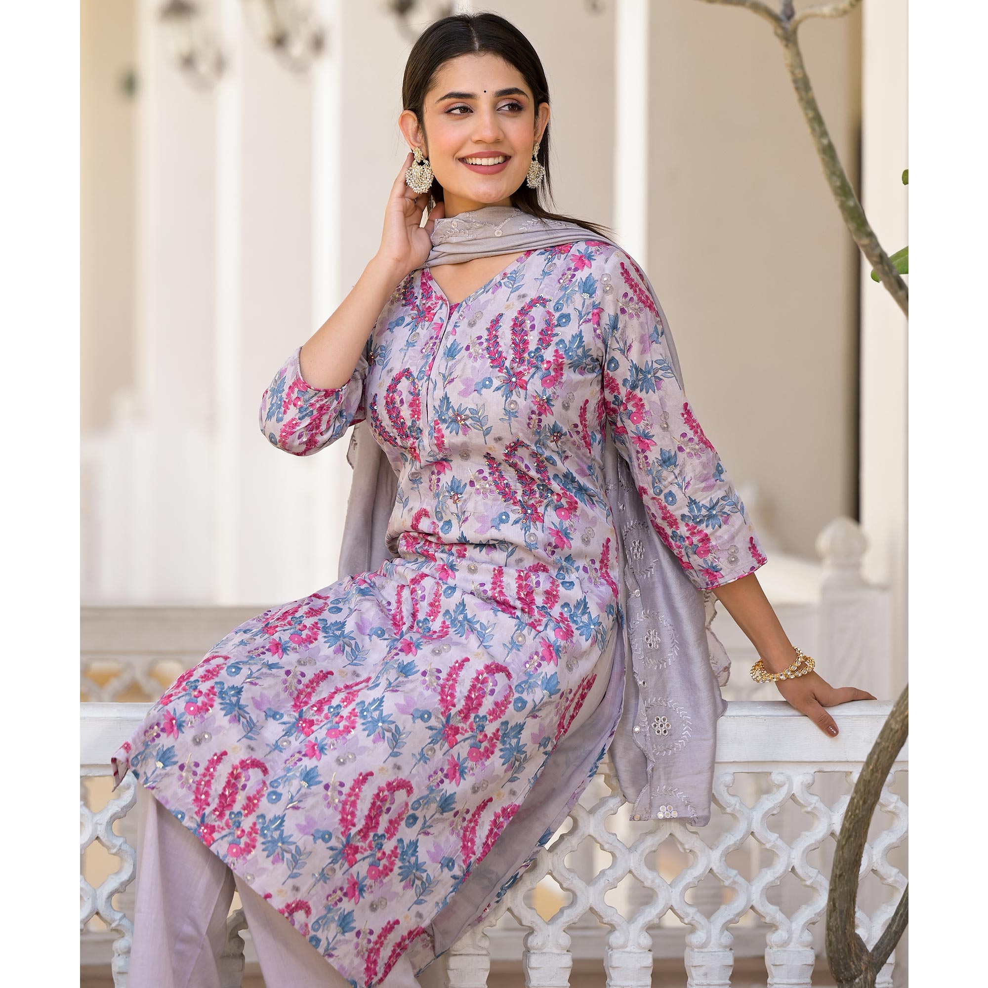 Grey Floral Printed Mulmul Cotton Salwar Suit With Handcrafted