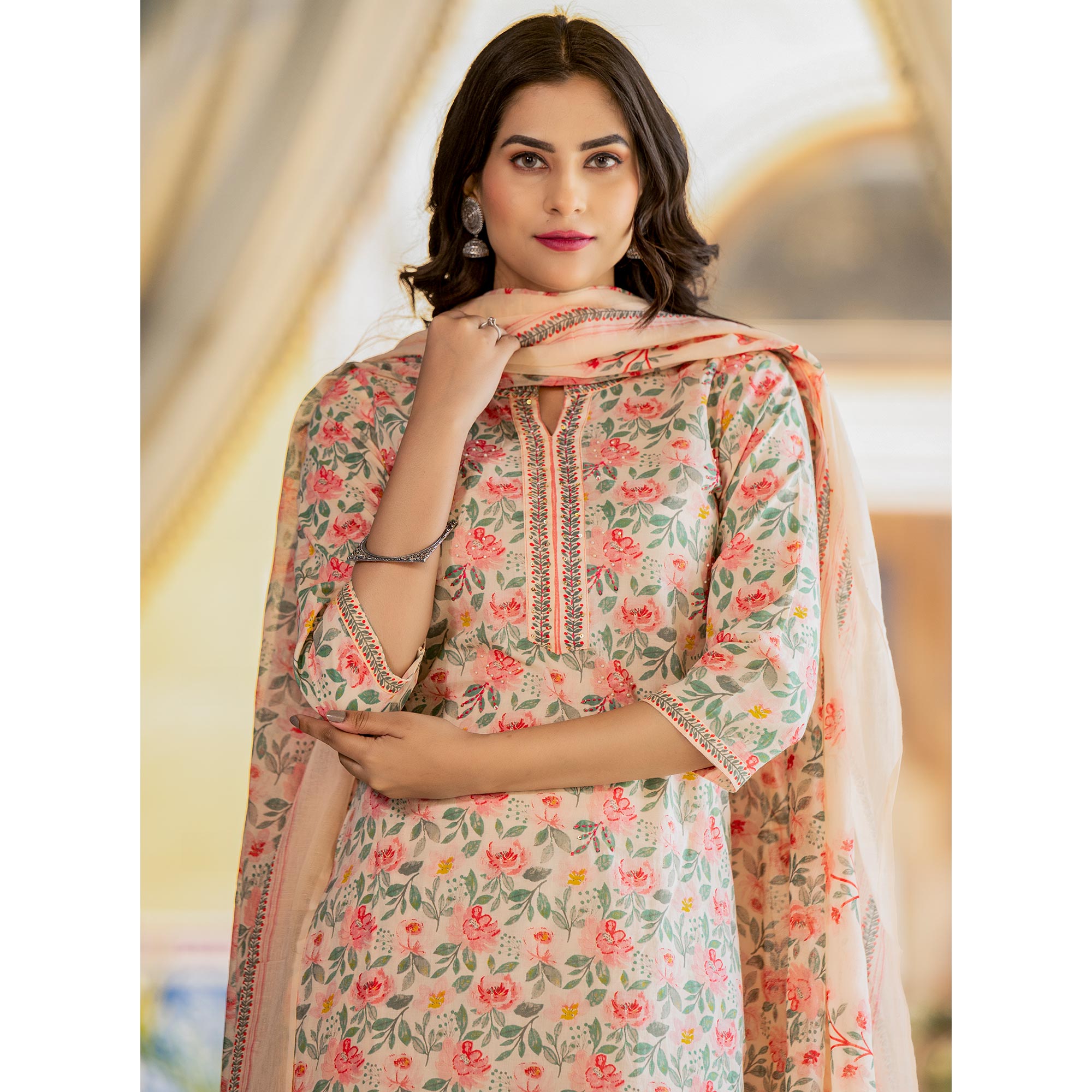 Peach Floral Printed Pure Cotton Salwar Suit