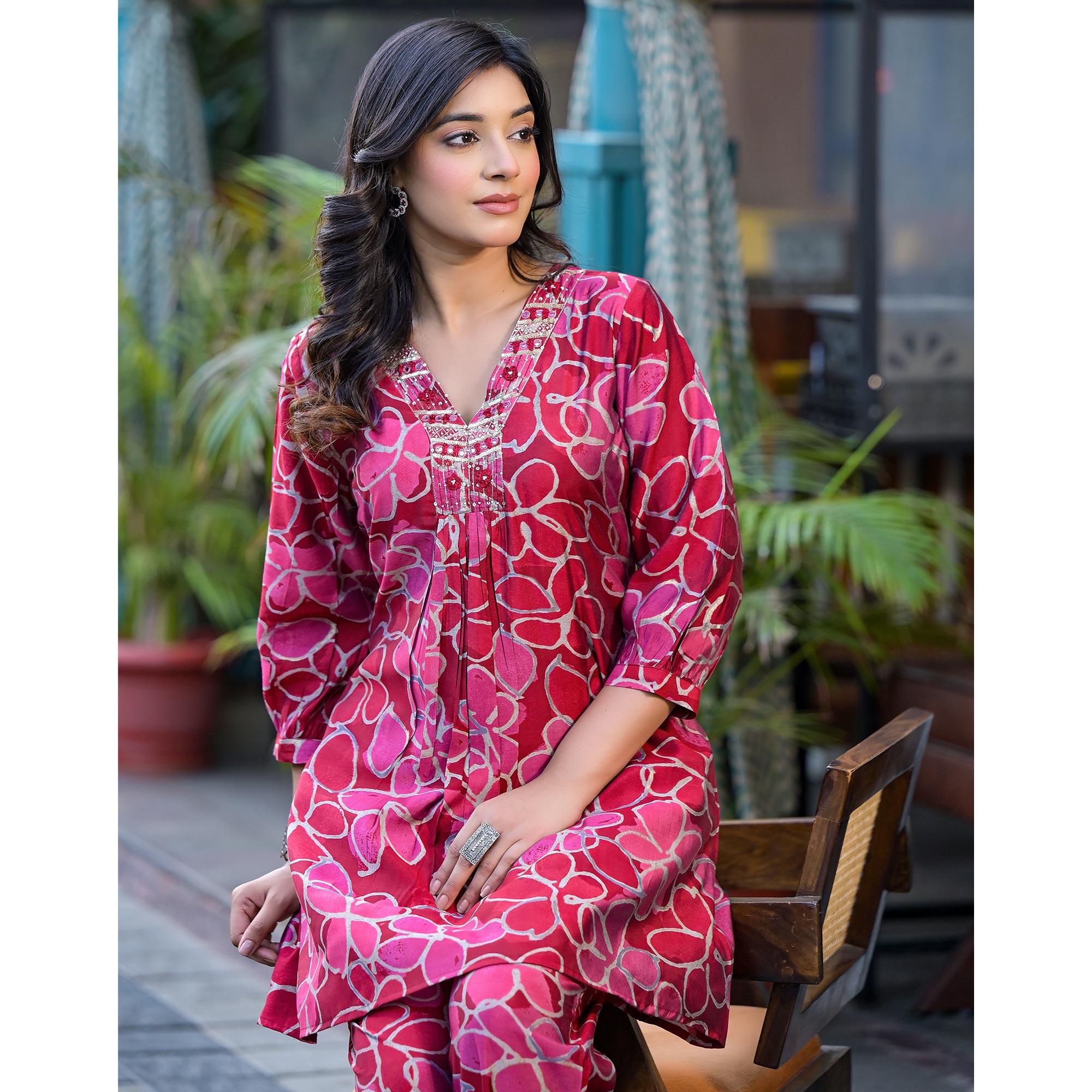 Red Floral Printed Chanderi Silk Co-Ord Set