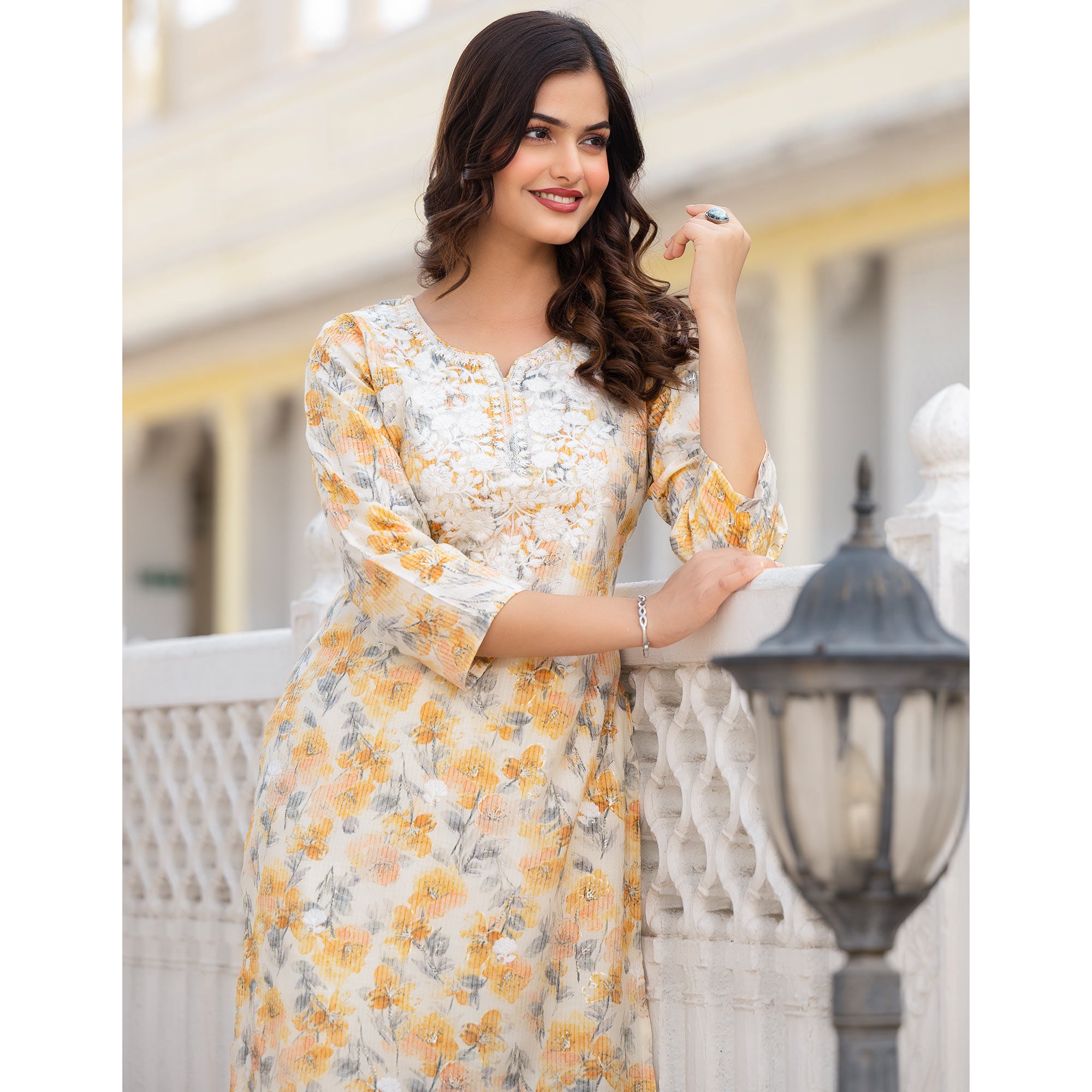 Cream & Mustard Floral Printed Rayon Straight Kurti