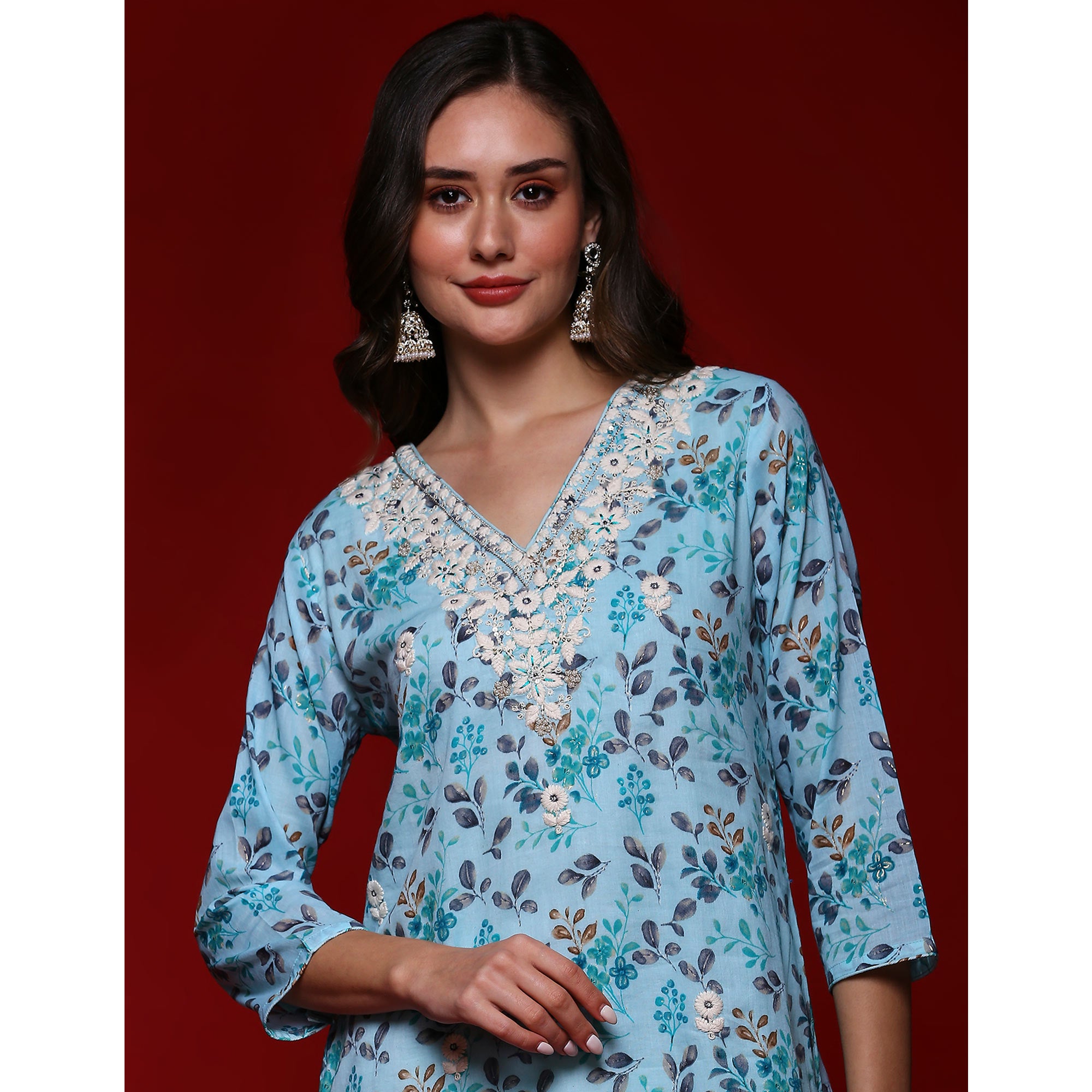 Sky Blue Floral Printed Mulmul Cotton Straight Kurti