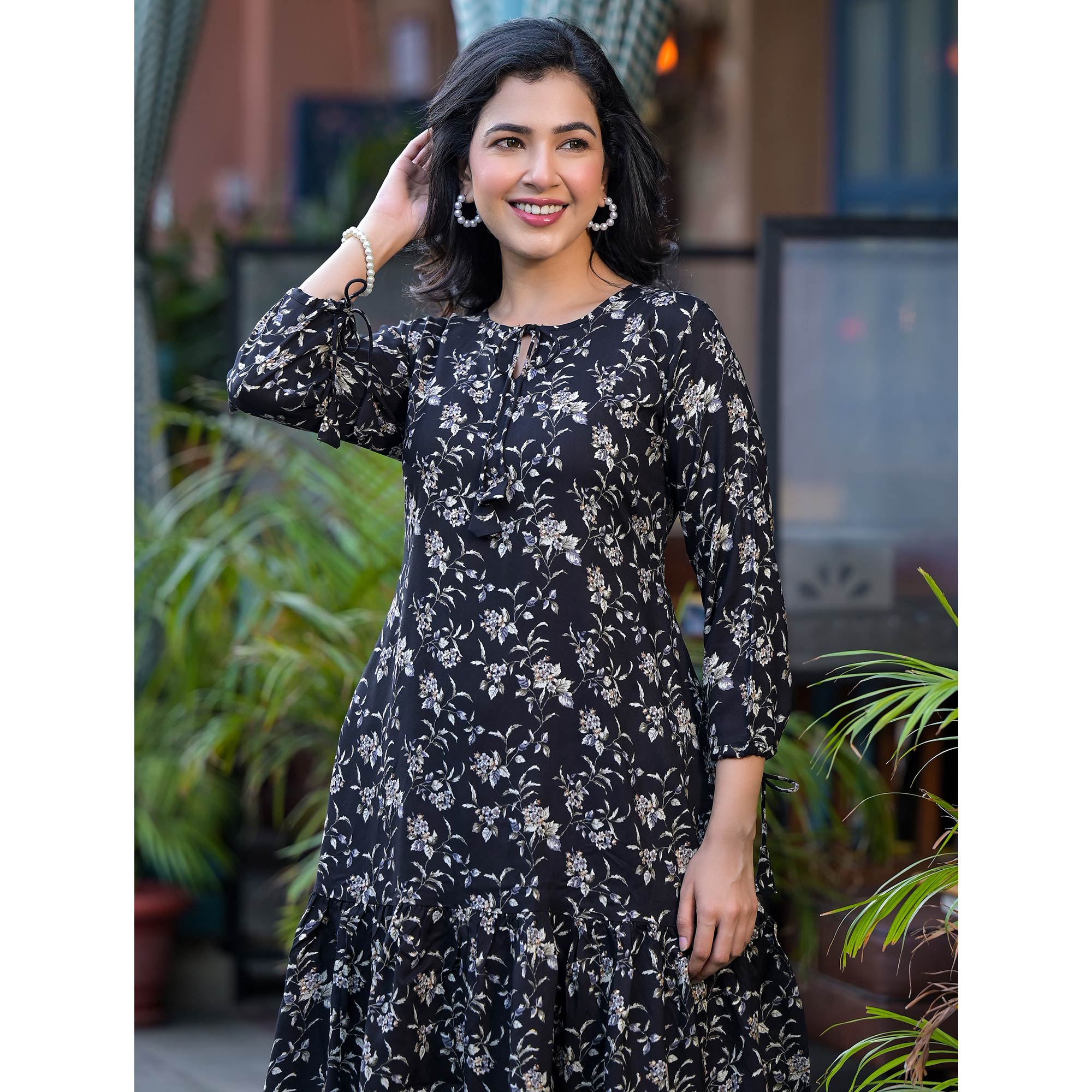 Black Floral Printed Rayon A-Line Dress