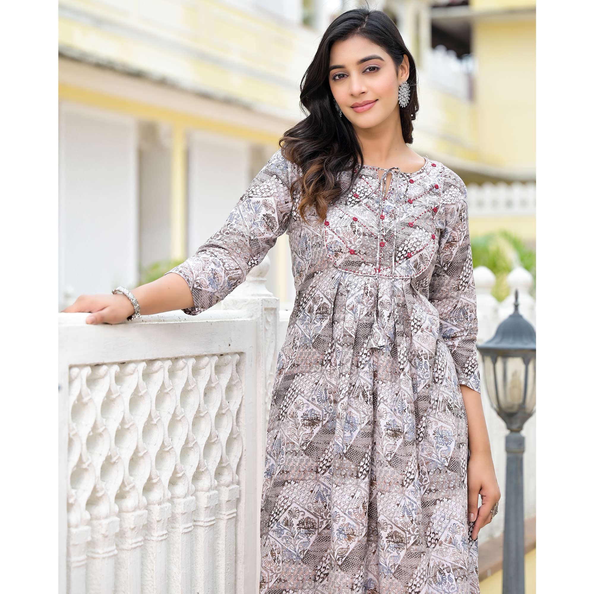 Grey Floral Printed Pure Cotton A-Line Dress