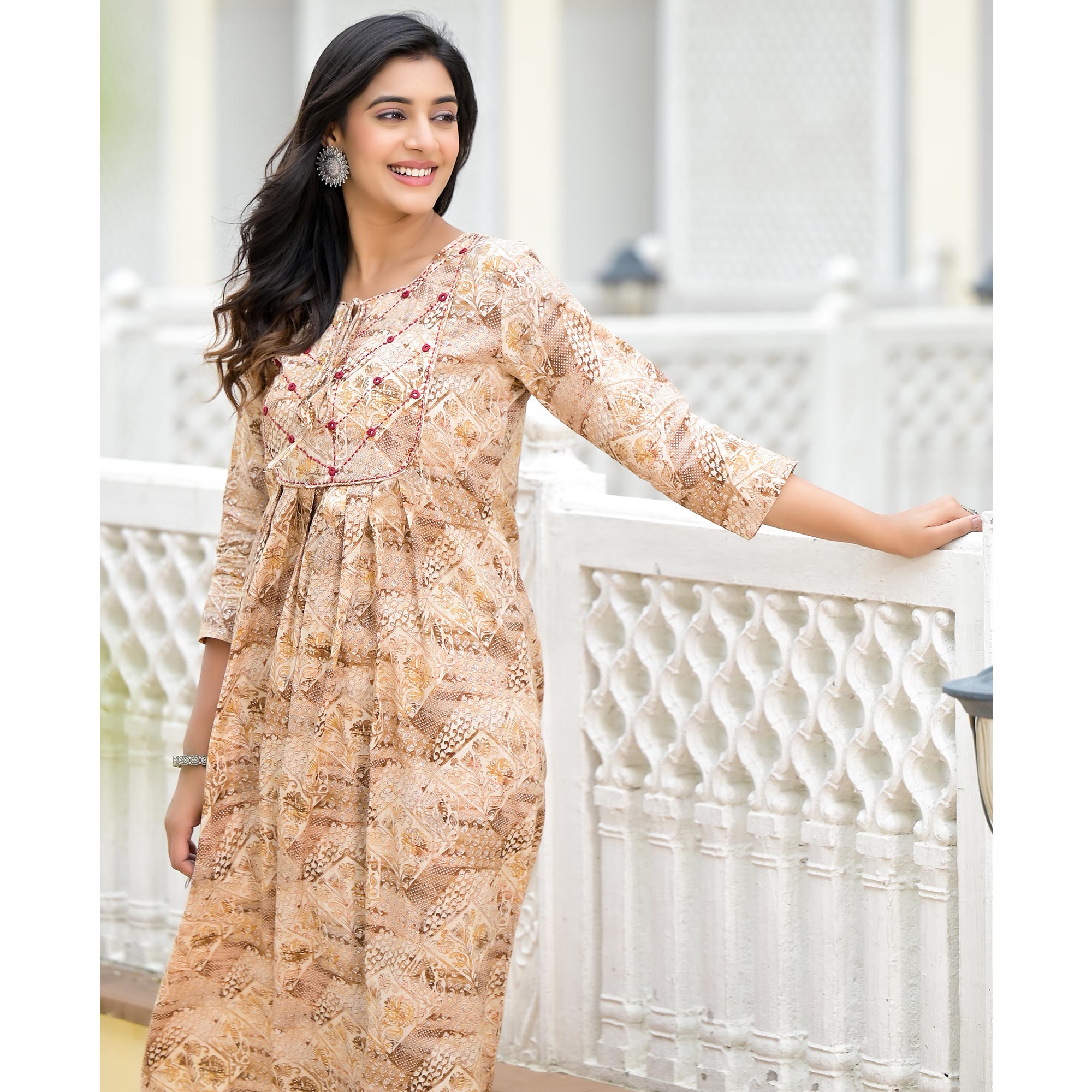 Mustard Floral Printed Pure Cotton A-Line Dress